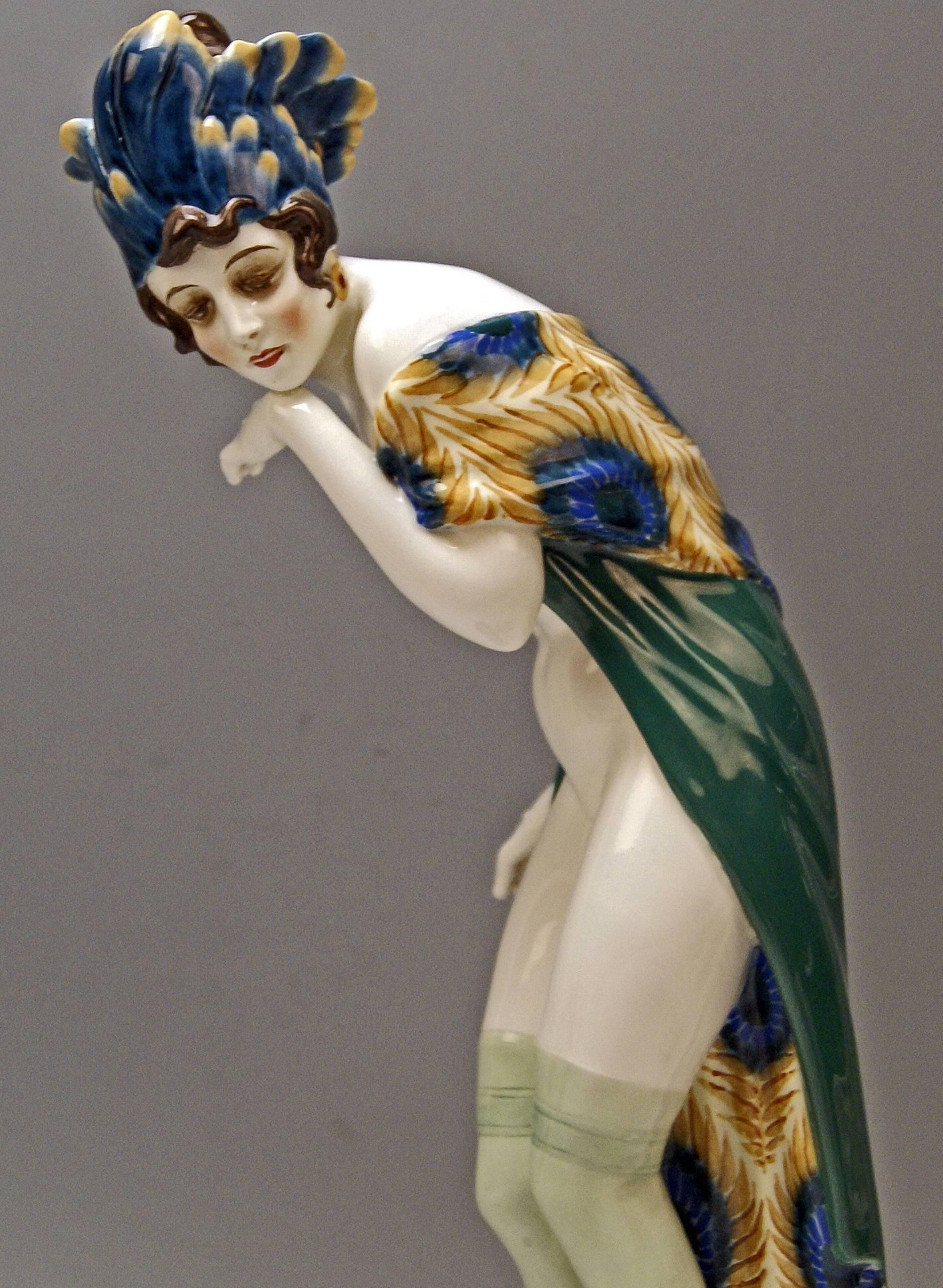 Glazed Goldscheider Vienna Lady Nude with Feathered CAP Fascination W. Thomasch