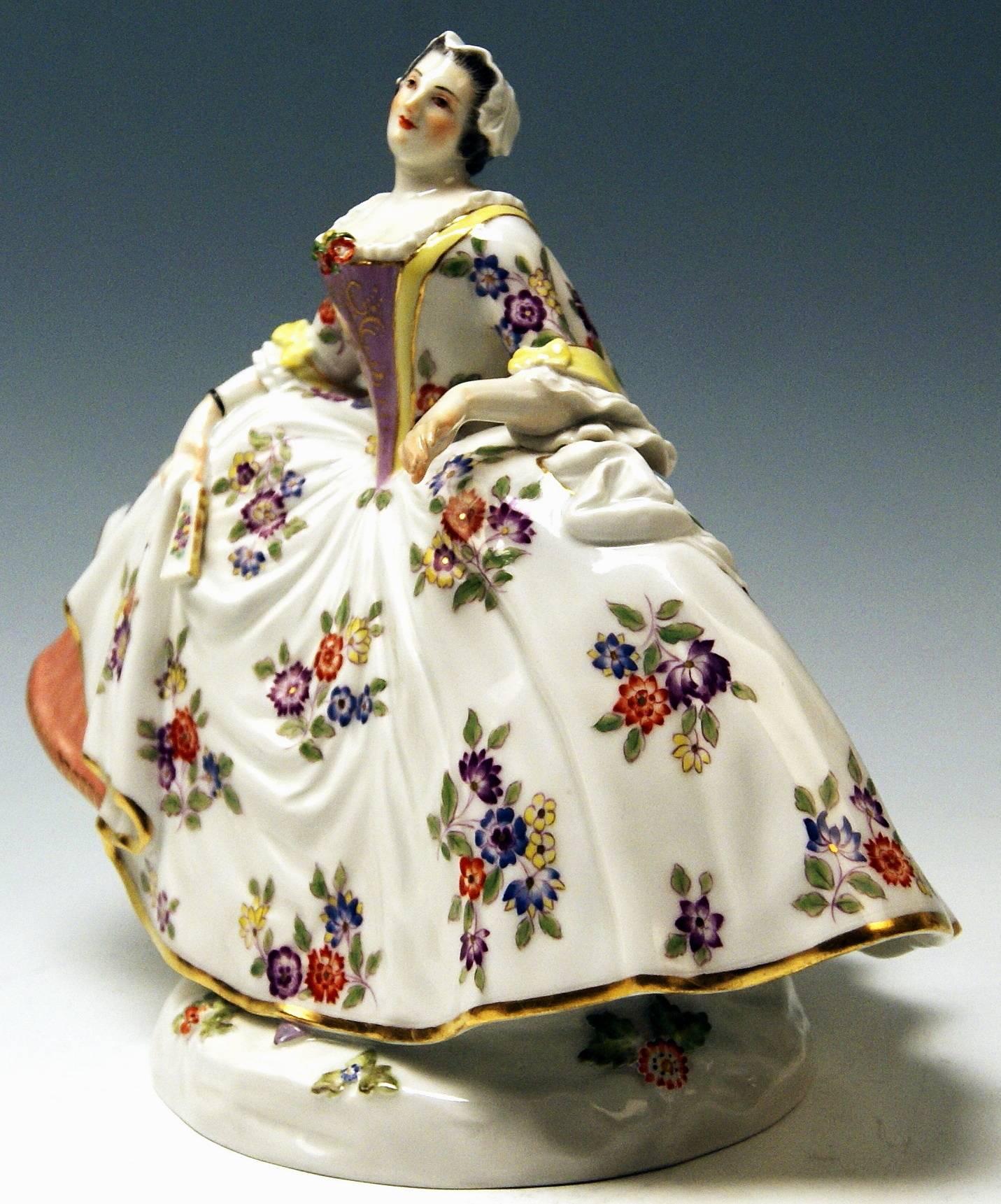 Meissen gorgeous figurine: Rococo Noble Lady. 
Designed by Johann Joachim Kaendler / since 1731 modeller of Meissen manufactory - he is one of the best modellers Meissen manufactory ever had. Kaendler designed this model circa 1744.