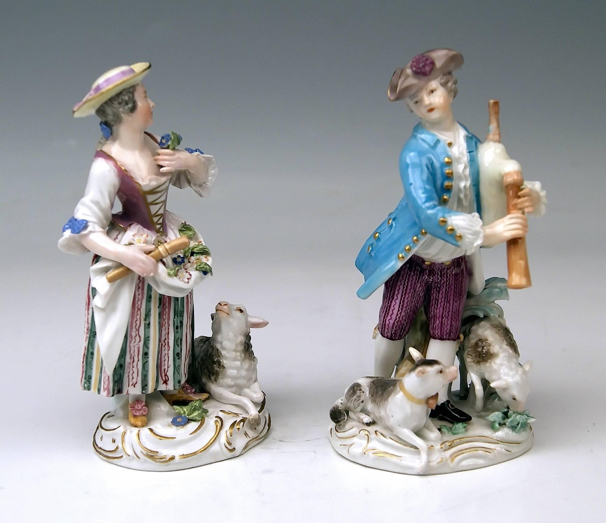 Meissen 18th century rare pair of figurines:   
Shepherd playing Bagpipes and Shepherdess with flute and sheep 
designed by Johann Joachim Kaendler   (model created circa 1761)
made during Rococo period   (circa 1763-1773)

Designer:
Johann Joachim