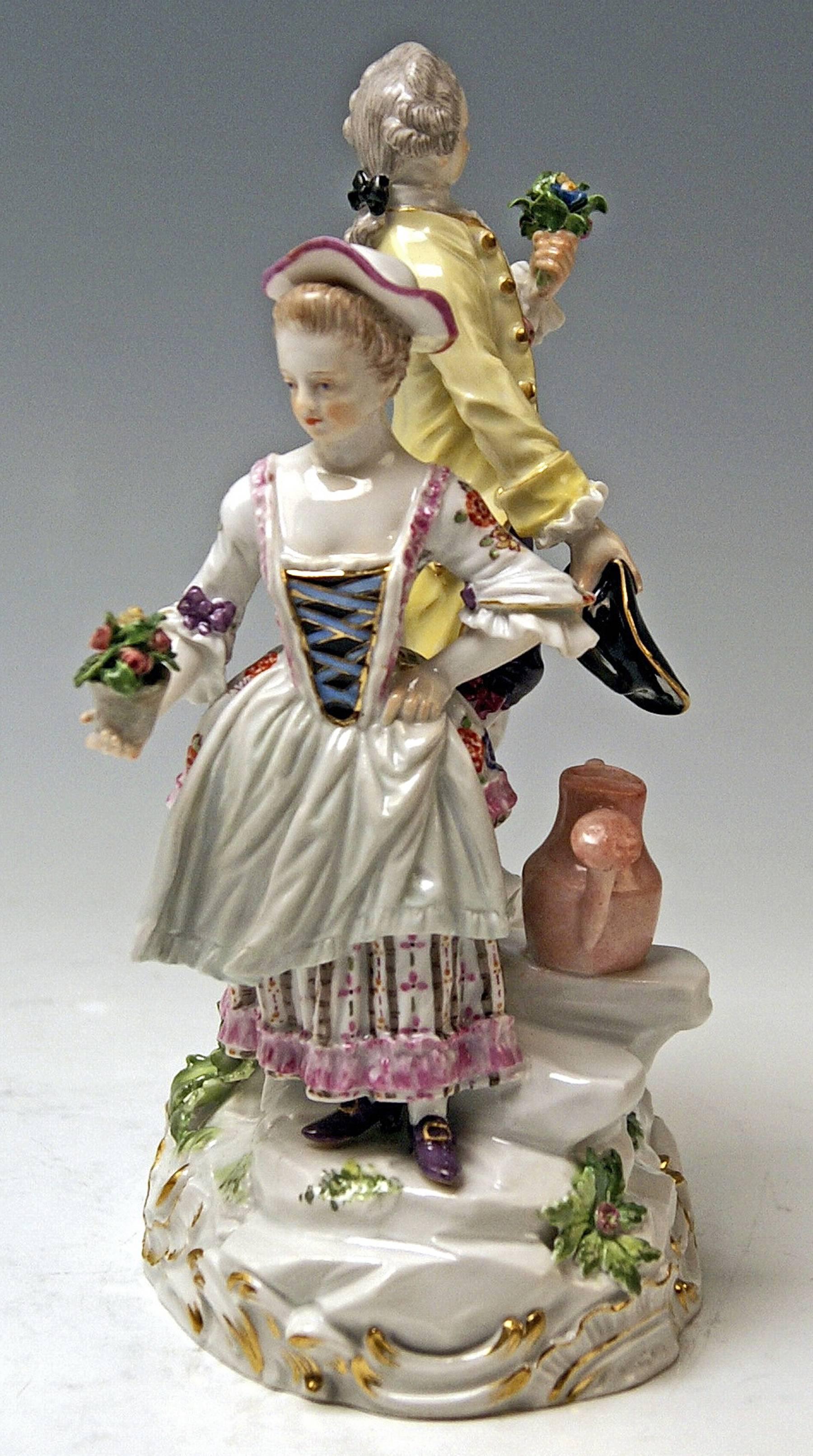 Meissen gorgeous figurine group of stunning appearance: There is a couple of gallant gardeners - man and woman - visible.

Manufactory: Meissen.
Dating: Third quarter of 19th century / made circa 1880.
Blue meissen sword mark with pommels on