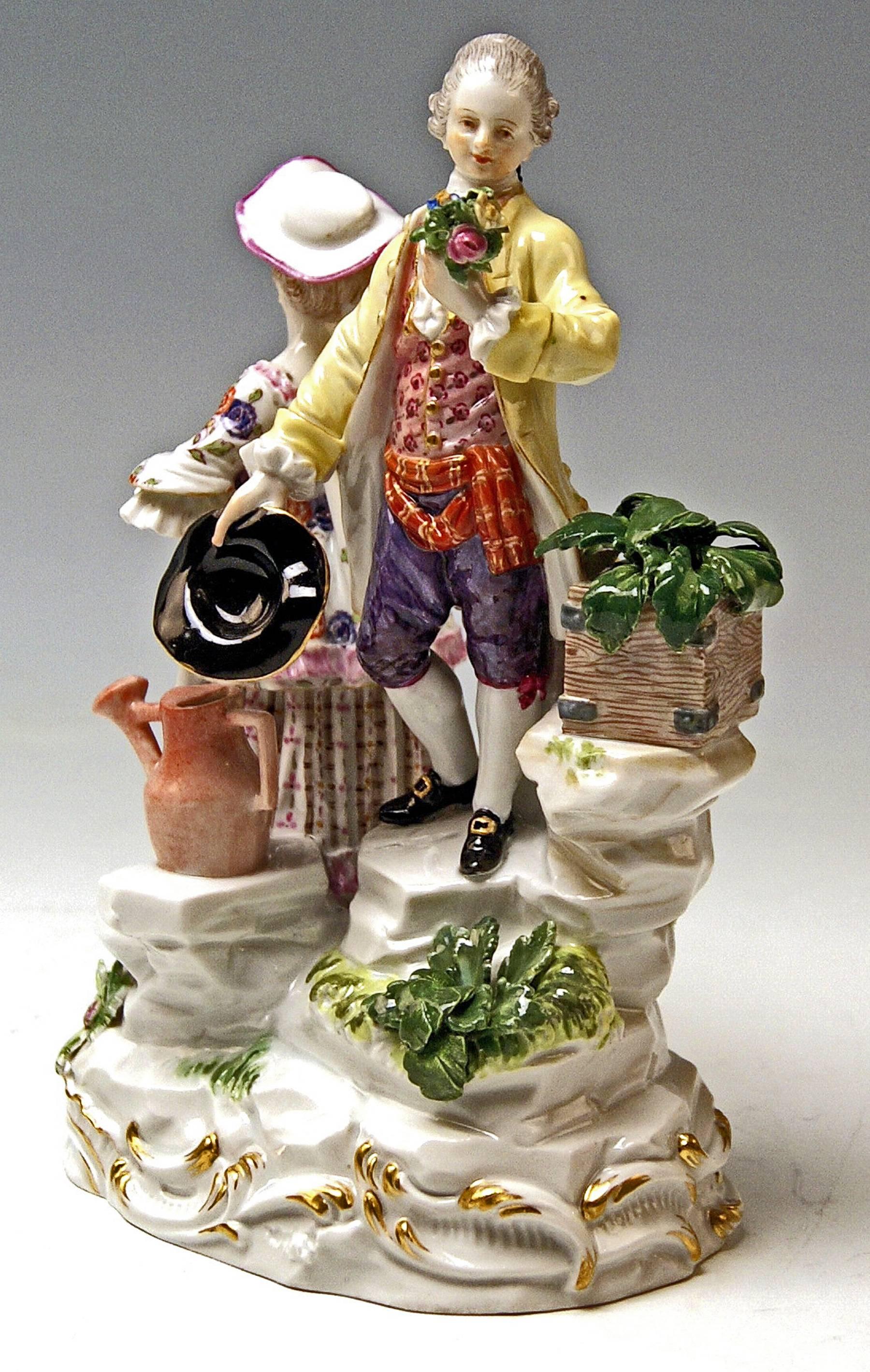 Rococo Meissen Acier Gallant Gardeners Figurines with Watering Can Model C 64  c.1880
