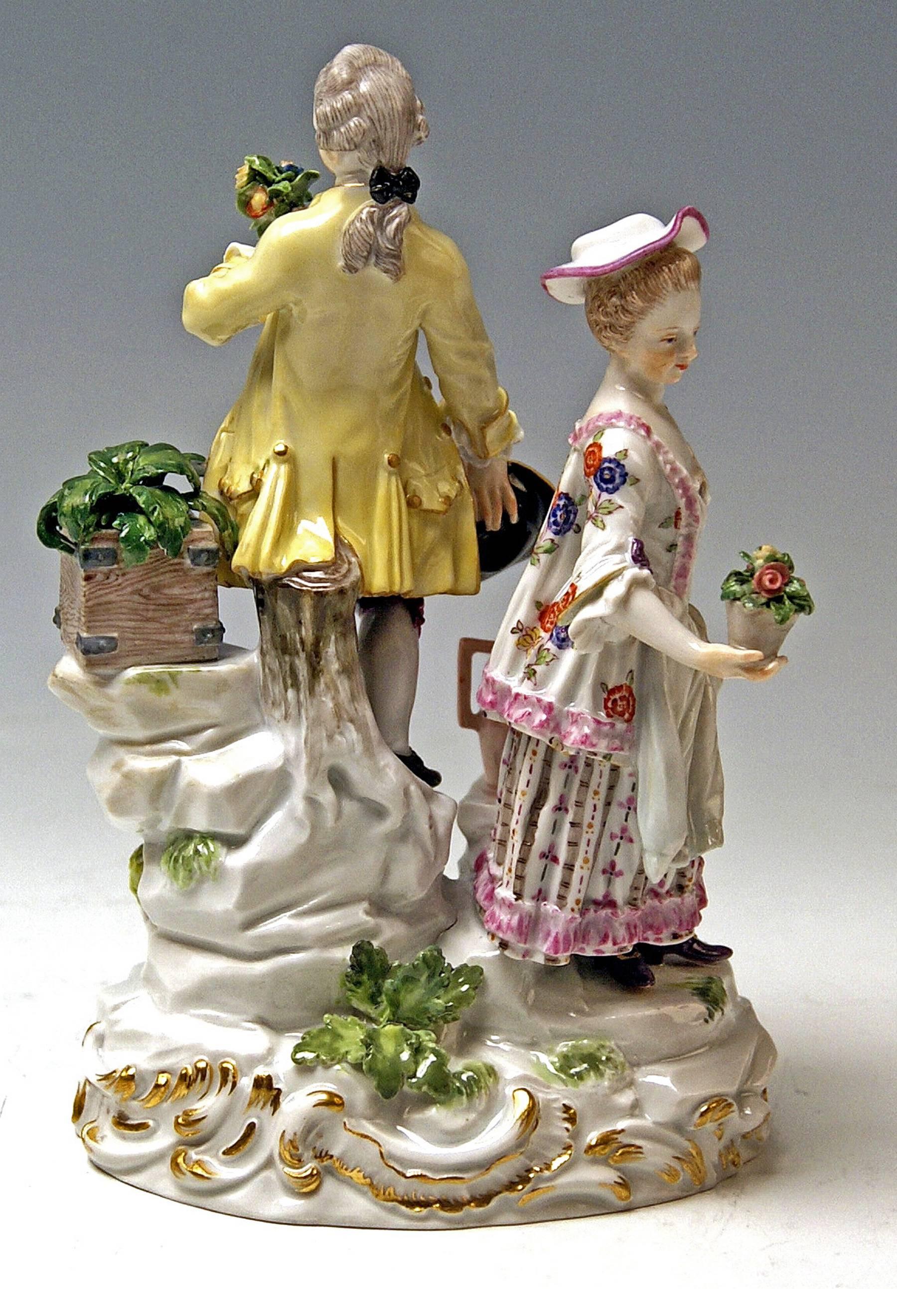 Glazed Meissen Acier Gallant Gardeners Figurines with Watering Can Model C 64  c.1880