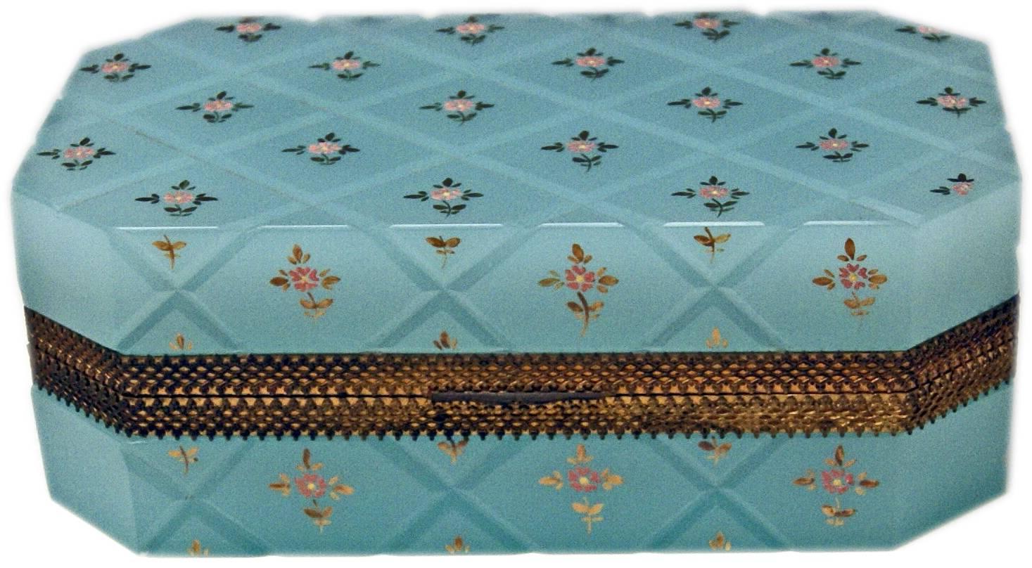 Specifications:
Opaline bright blue box with hinged lid having gilt bronze mountings of very elegant appearance / the lid closes properly.
The casket's surface with splayed edges has an overall crosshatched pattern with small flower's blossoms