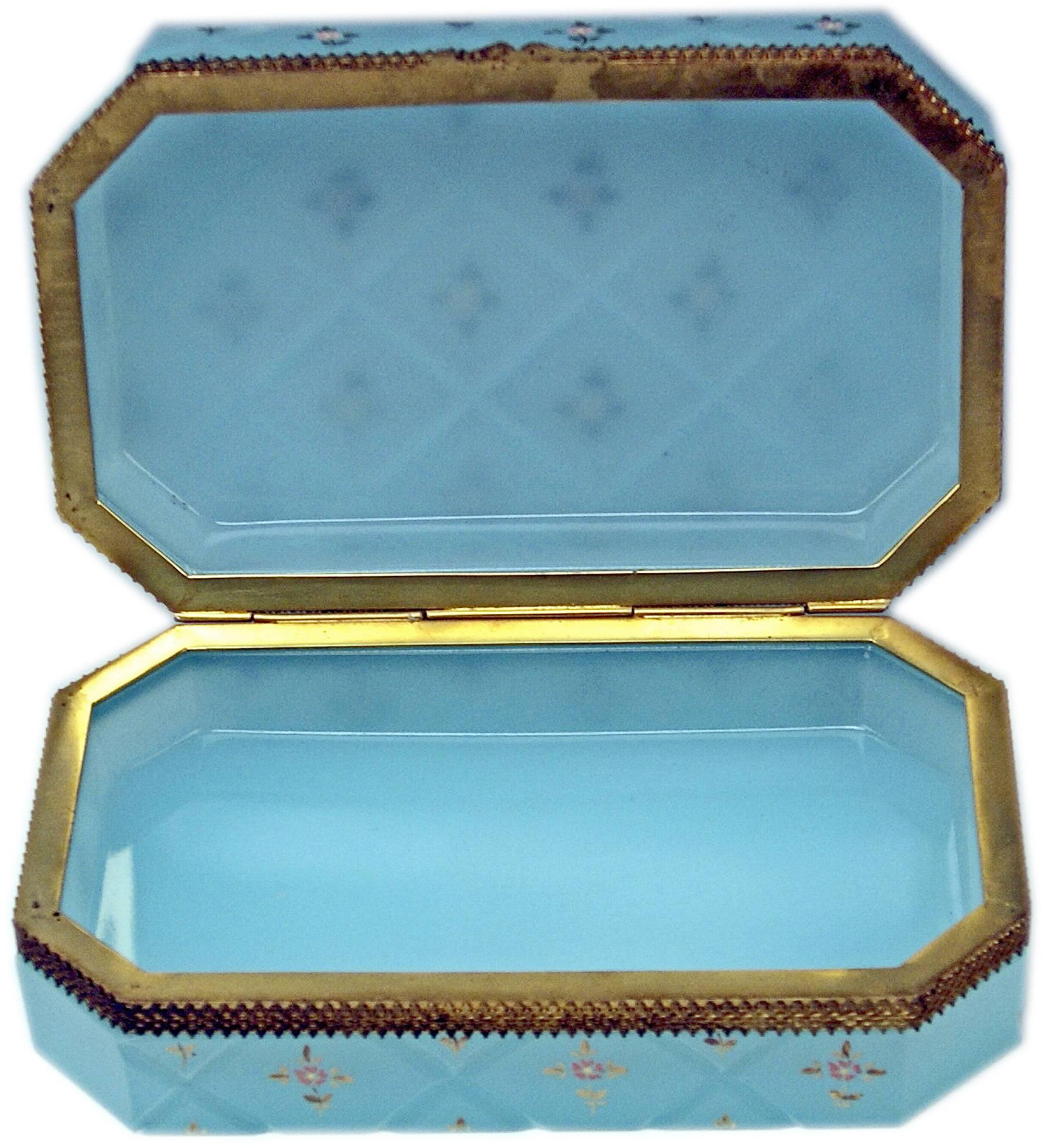 Austrian Opaline Blue Casket Box Gilt Bronze Mounting Painted Flowers Bohemia, circa 1850