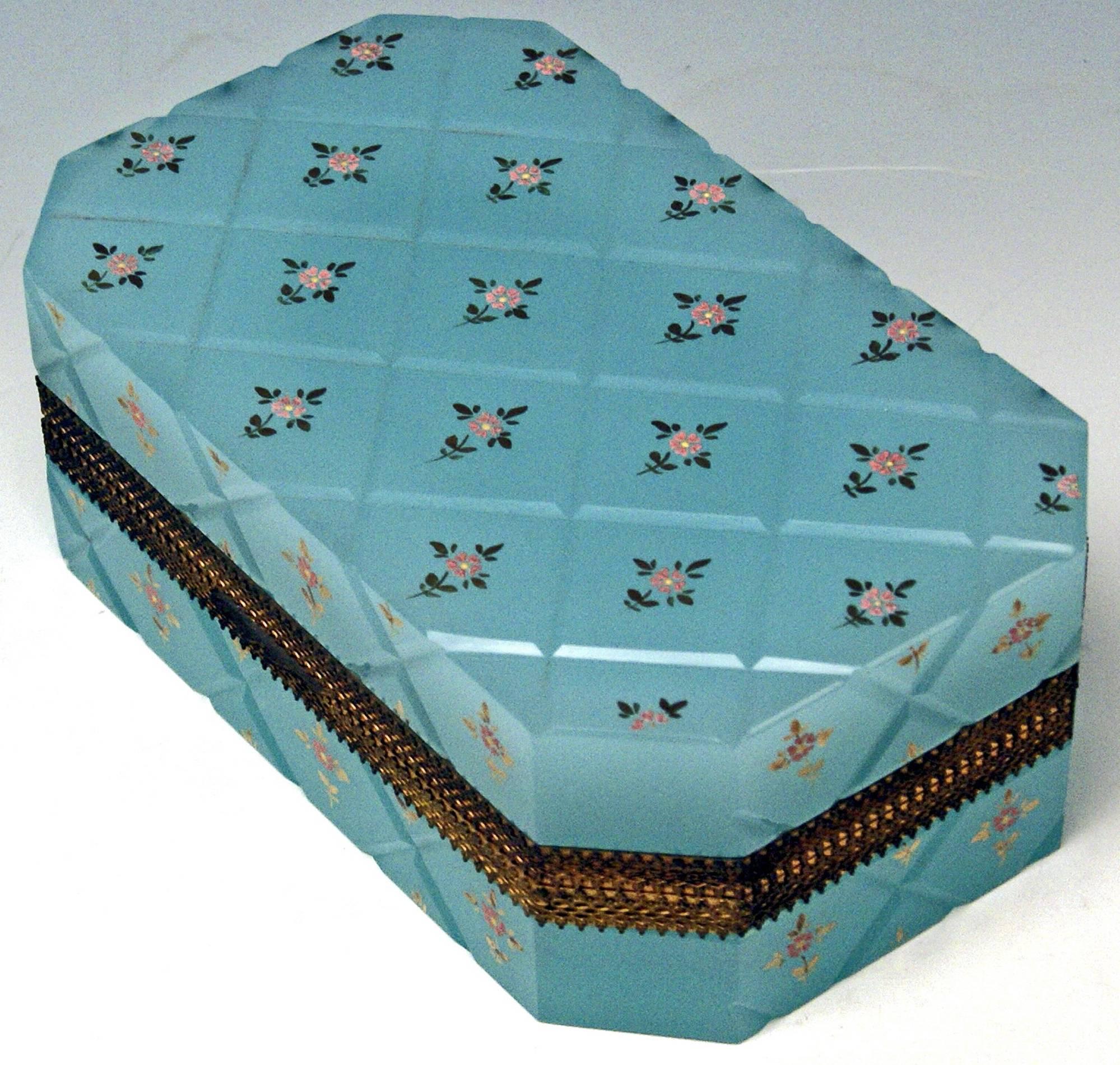Opaline Blue Casket Box Gilt Bronze Mounting Painted Flowers Bohemia, circa 1850 In Excellent Condition In Vienna, AT