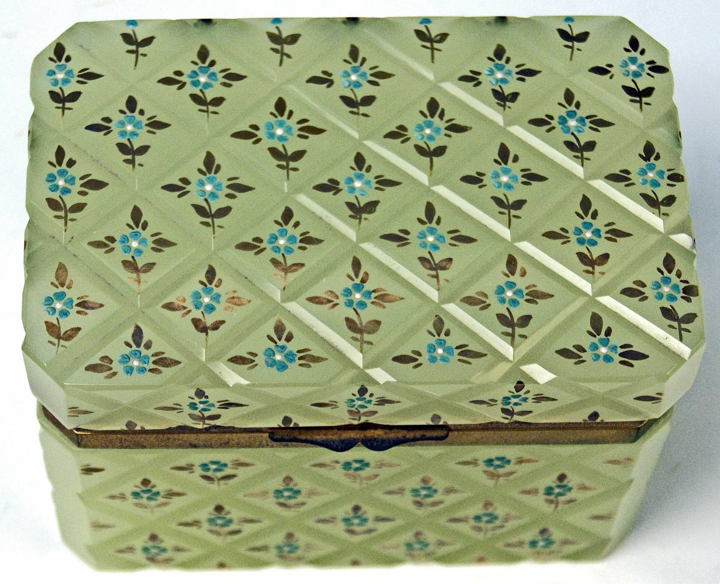 Austrian Opaline Green Casket Box Gilt Bronze Mounting Painted Flowers Bohemia c.1850