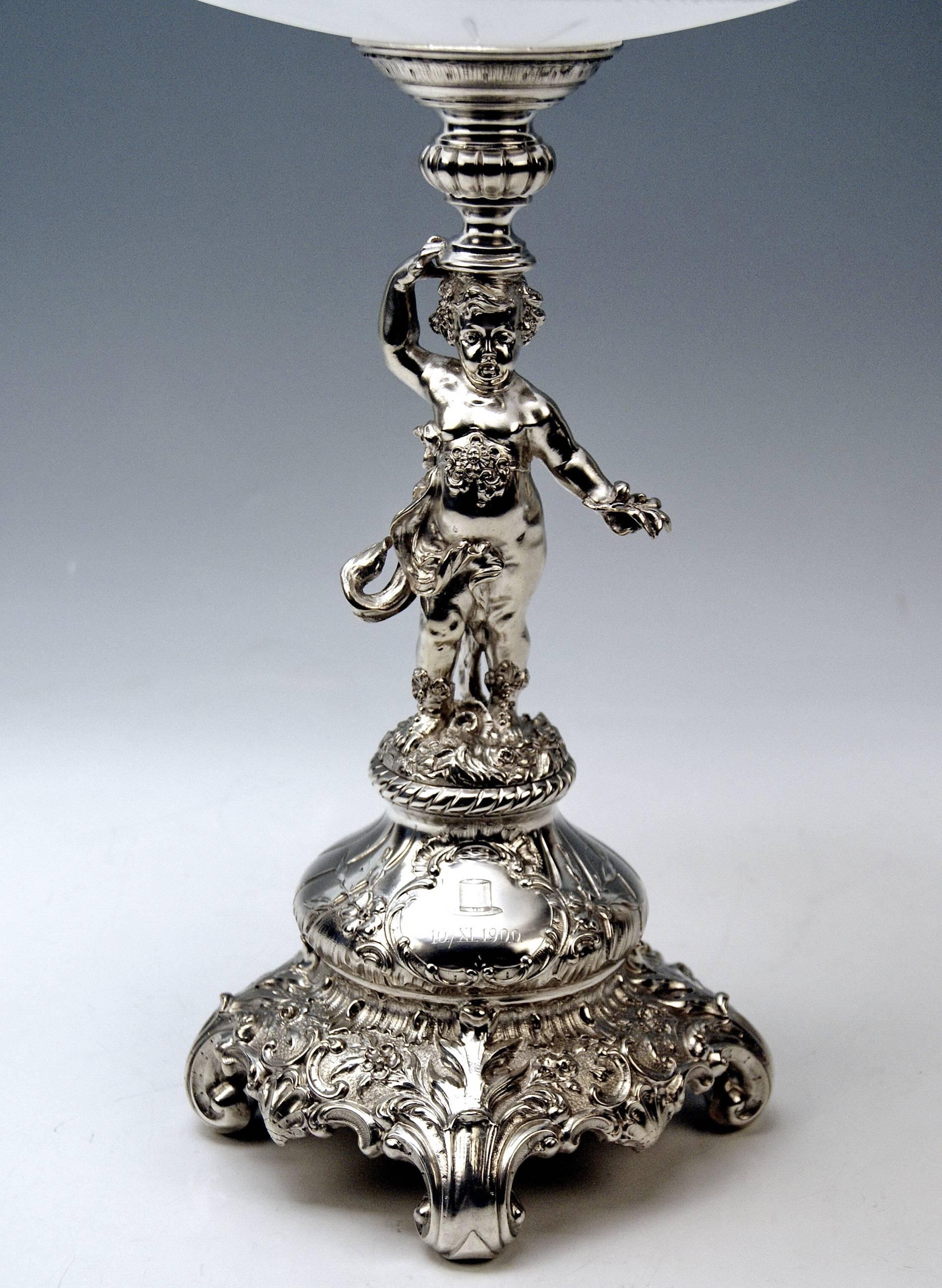 Early 20th Century Silver Austrian Centrepiece with Cherub and Round Glass Platter Dated 11-10-1900