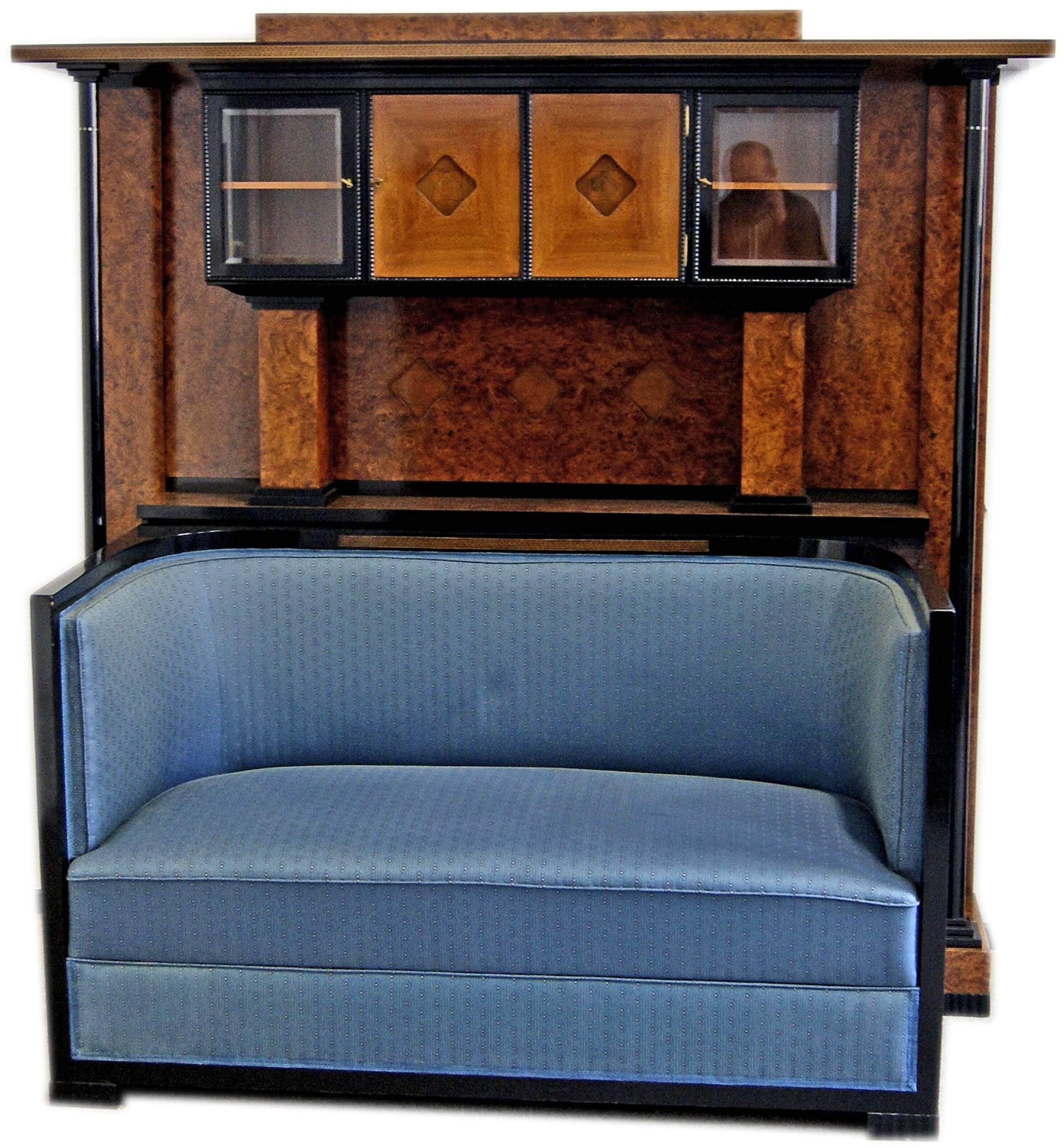 Gorgeous Art Nouveau music room settee with cabinet of finest manufacturing quality.

Designer:
Attributed to circle of Josef Maria Olbrich (1867 - 1908).
Olbrich, the world-famous Austrian architect and co-founder of the Viennese Secession, had