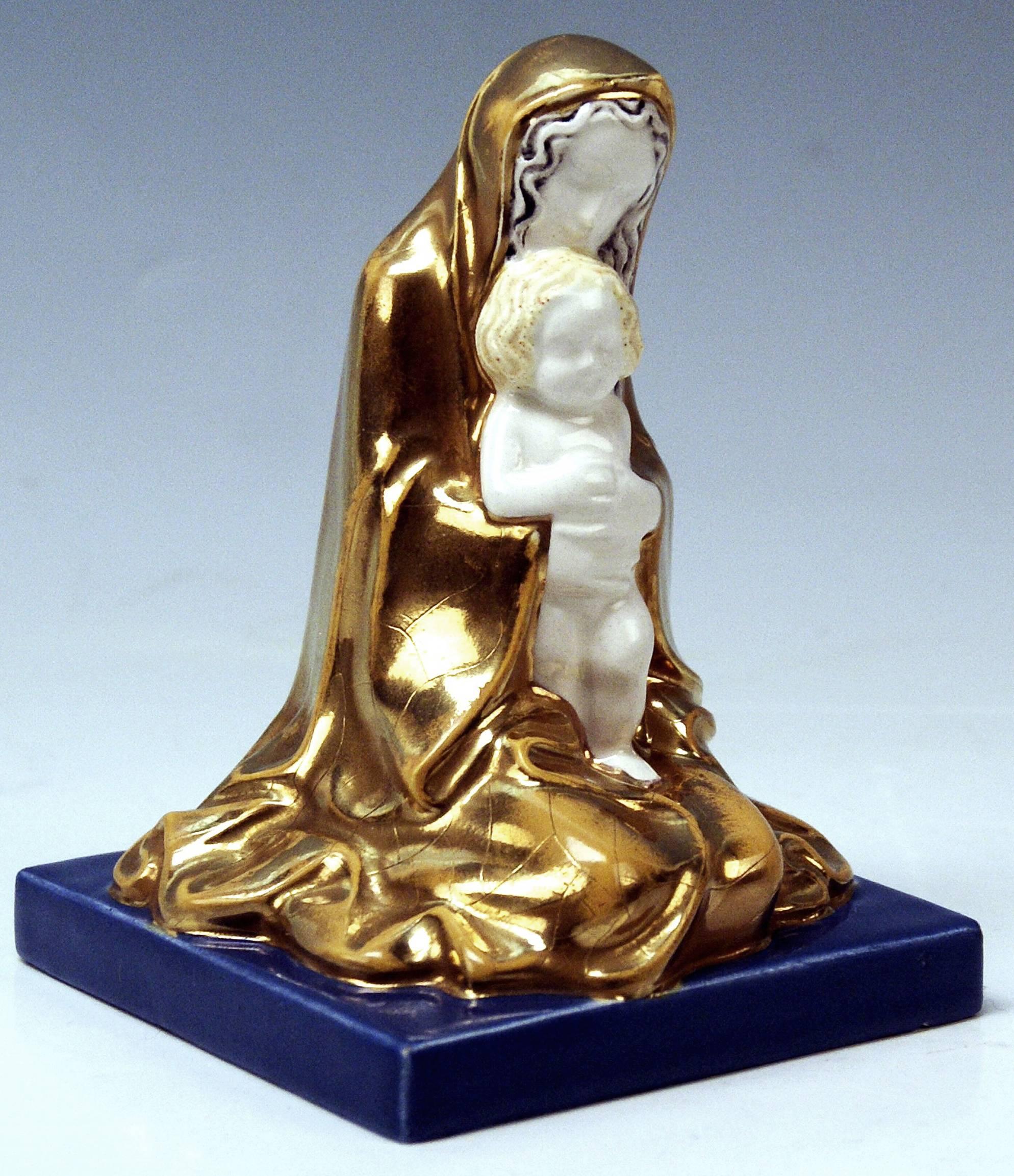 Michael Powolny Art Nouveau sculpture:
Virgin Mary with Jesus child, it is a most lovely ceramics item, indeed!
Modelled by Michael Powolny (1871-1954,) circa 1907.

Hallmarked:
Manufactured by Wiener Keramik (Vienna Ceramics) (WK /