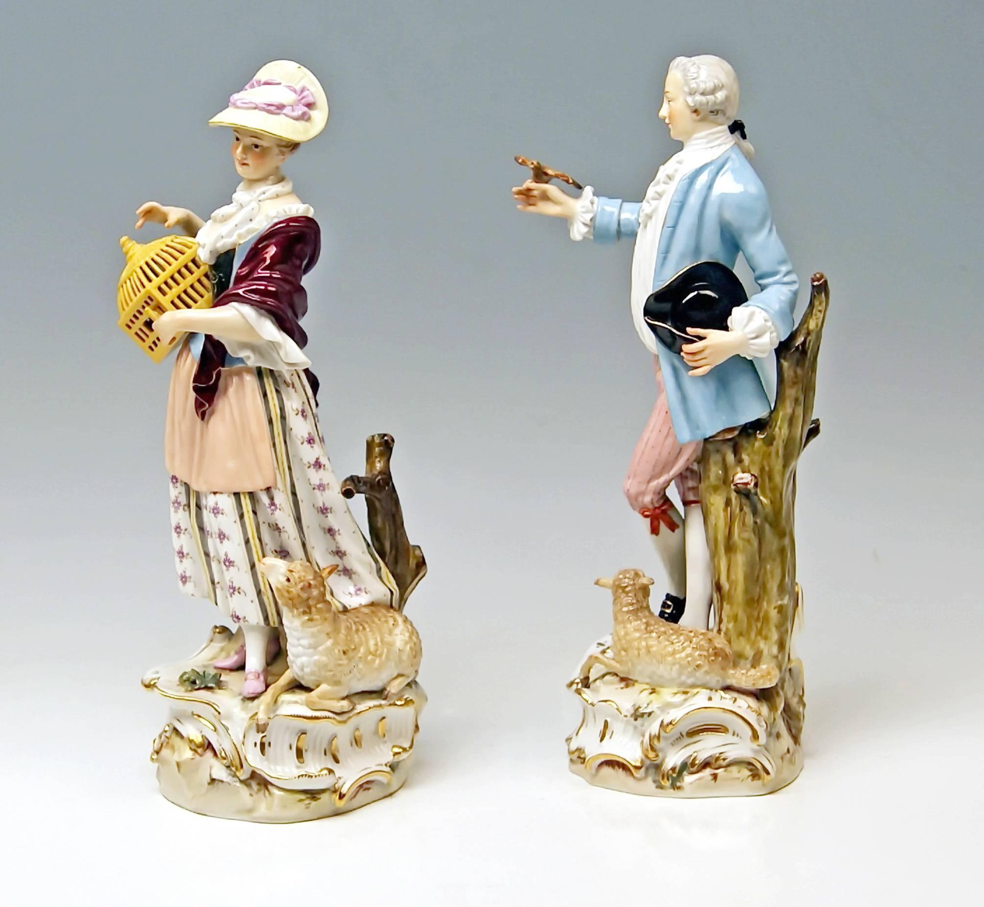 Meissen 19th century most lovely pair of figurines:
Shepherd with bird and shepherdess with birdcage.
Designed by Johann Joachim Kaendler (model created circa 1750).
Made circa 1860-1870.

Designer: 
Johann Joachim Kaendler (born in 1706 near