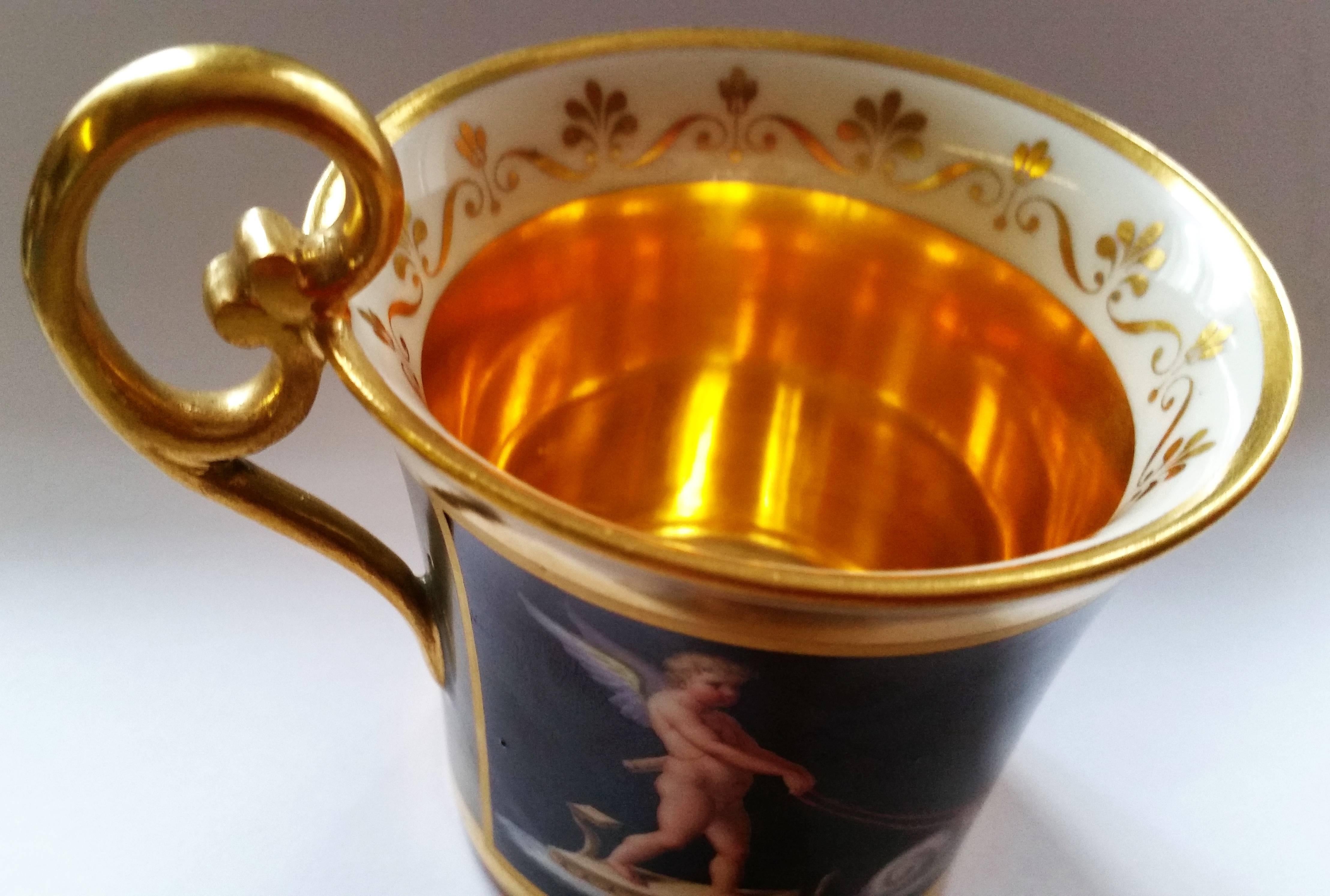 Biedermeier Vienna Imperial Porcelain Cup Saucer Cherubs Driving Chariots Dated 1814 Austria