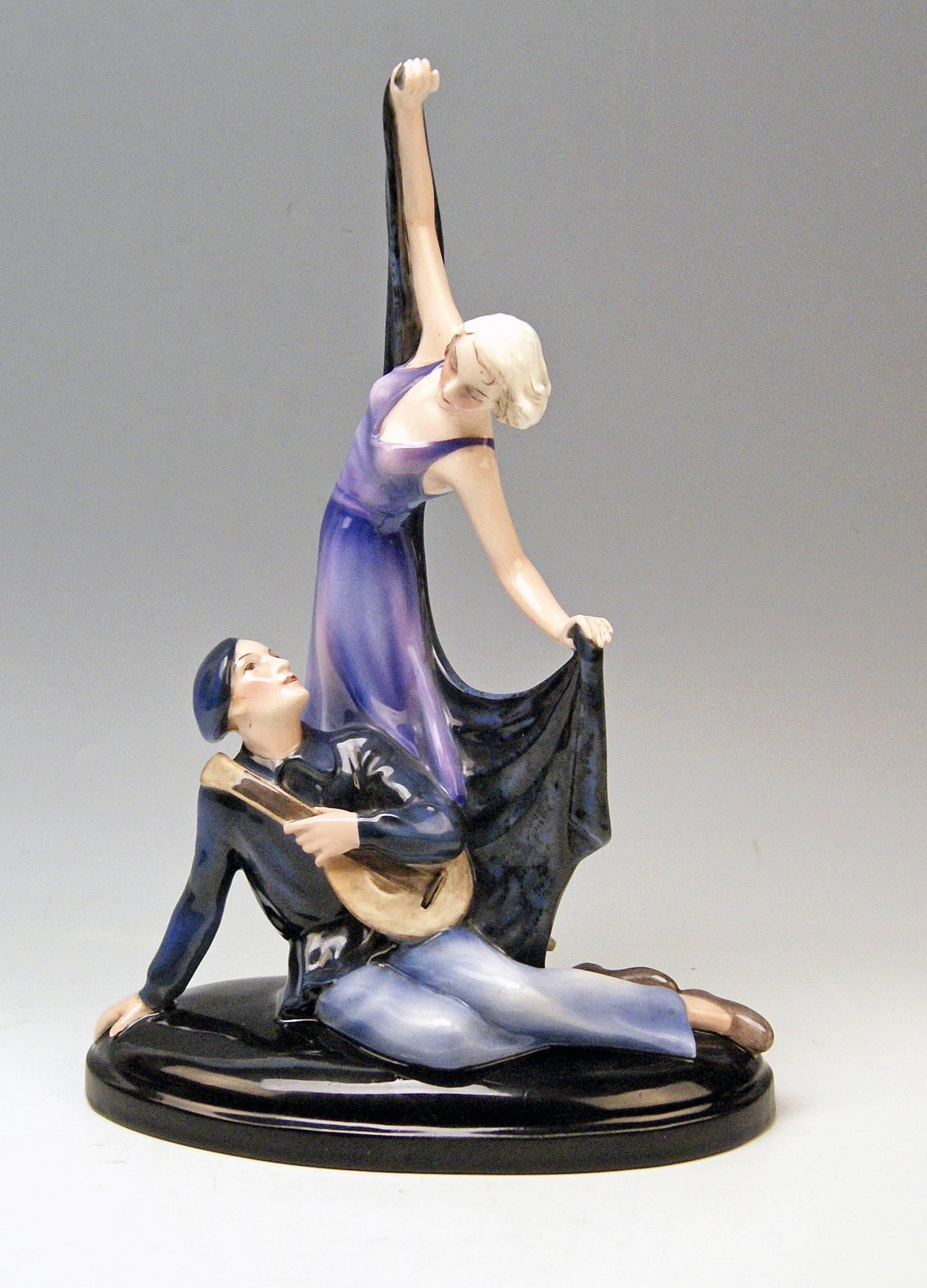 Goldscheider vienna almost unique figurine group:
Dancing lady accompanied by man playing lute.

Designed by Josef Lorenzl (1892-1950) or one of the most important designers having been active for Goldscheider manufactory in period of 1920-1940