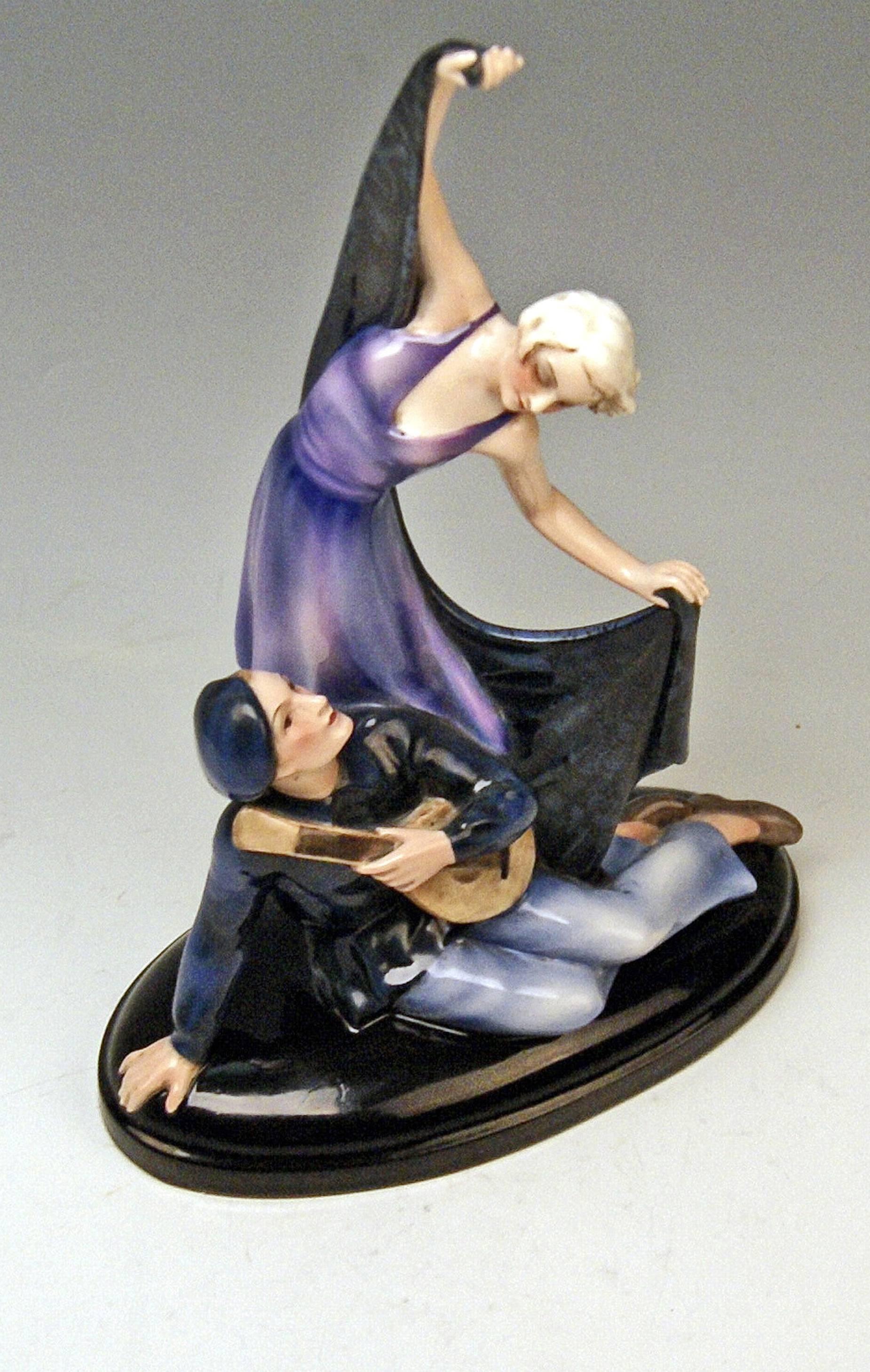 Ceramic Goldscheider Vienna Lorenzl Couple Lady Man with Lute Figurines made 1934