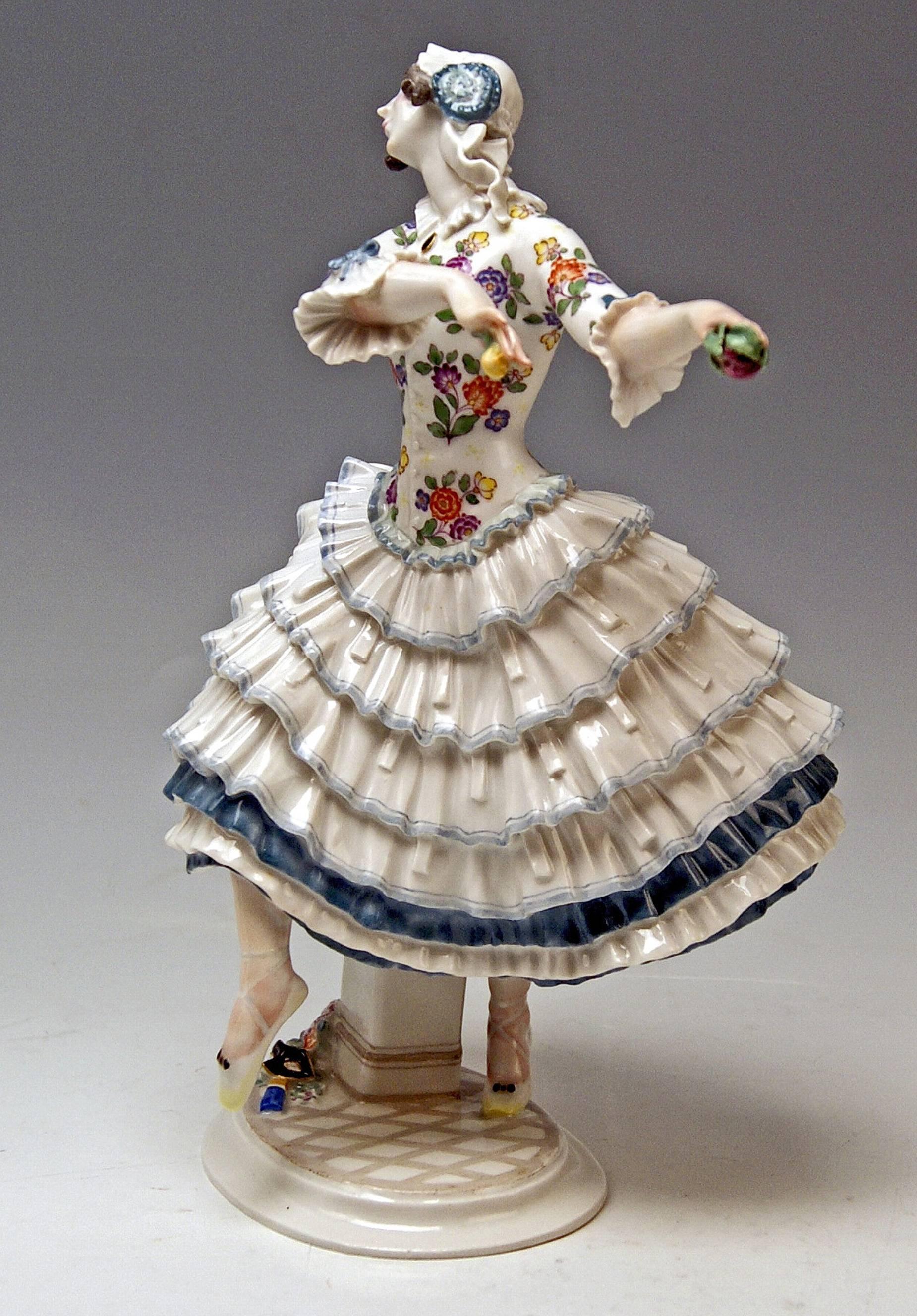 Meissen gorgeous figurine of dancing lady:
Chiarina of Russian Ballet, created by Paul Scheurich 
 
Manufactory: Meissen
Hallmarked: Blue Meissen Sword Mark (underglazed)
First quality 
Dating: made circa 1920-1924 
Material: porcelain,