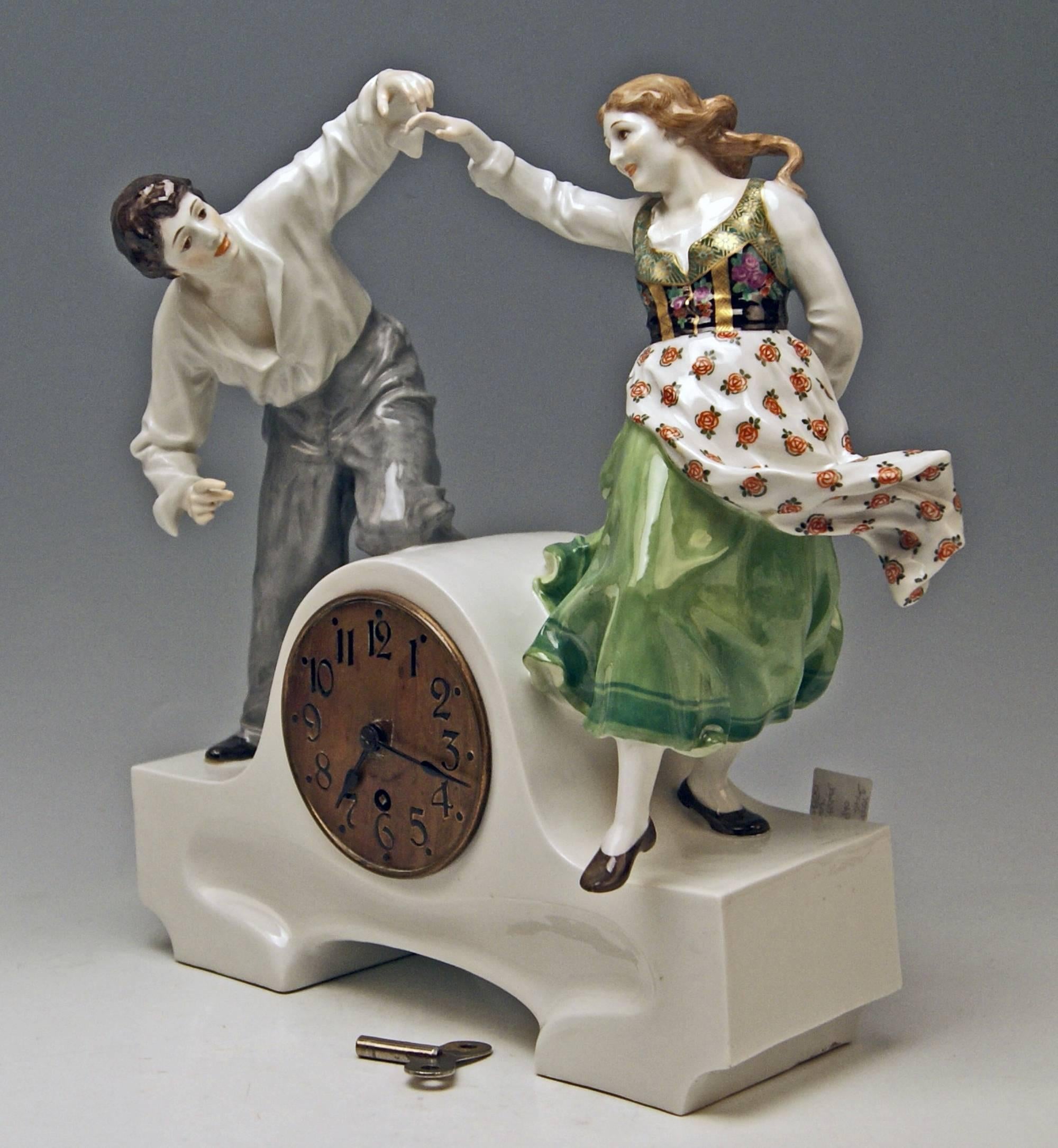 Gorgeous Art Nouveau mantle table clock with dancing couple

Manufactory: Meissen
Dating: circa 1910
Material: white porcelain, glossy finish, finest painting

Designer / modeller: 
Julius Konrad Hentschel (Cologne 1872 - Meissen 1907) 
He studied