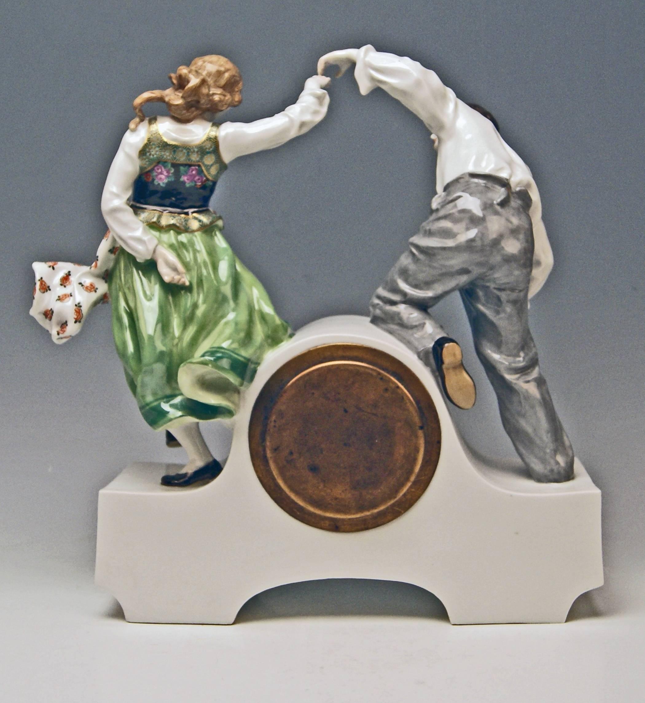 German Meissen Mantle Table Clock Konrad Hentschel Art Nouveau Dancing Couple 1910