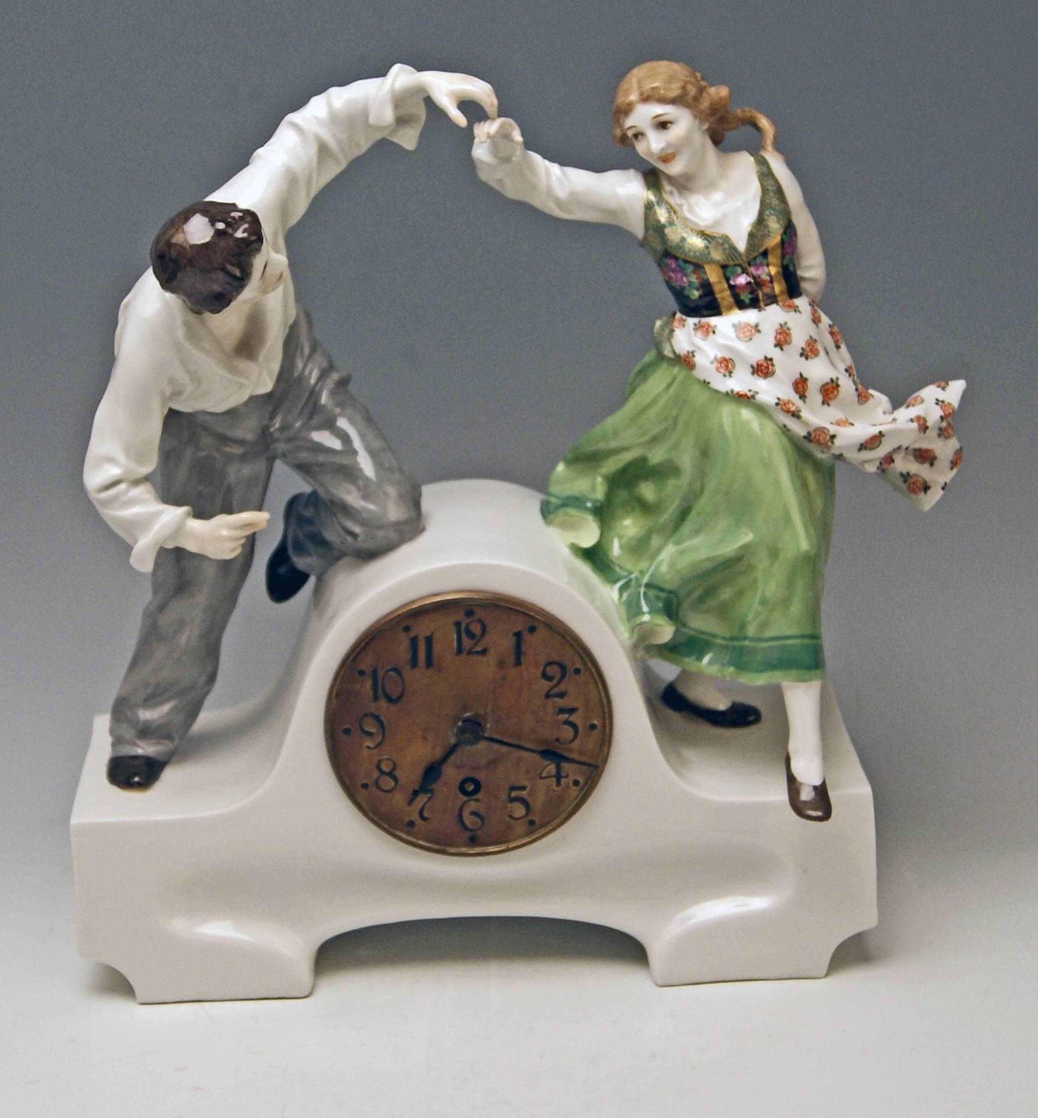Glazed Meissen Mantle Table Clock Konrad Hentschel Art Nouveau Dancing Couple 1910
