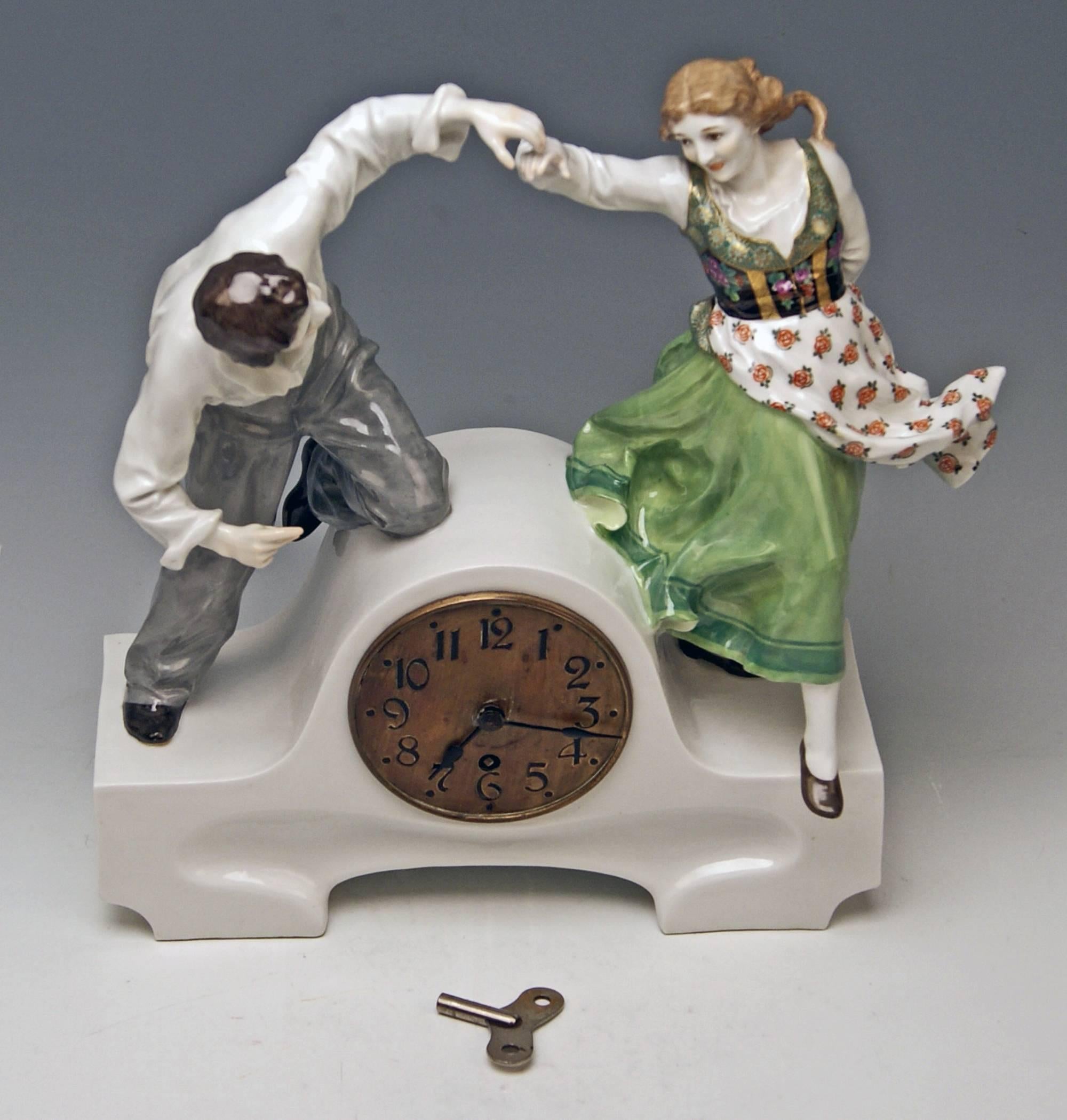 Porcelain Meissen Mantle Table Clock Konrad Hentschel Art Nouveau Dancing Couple 1910
