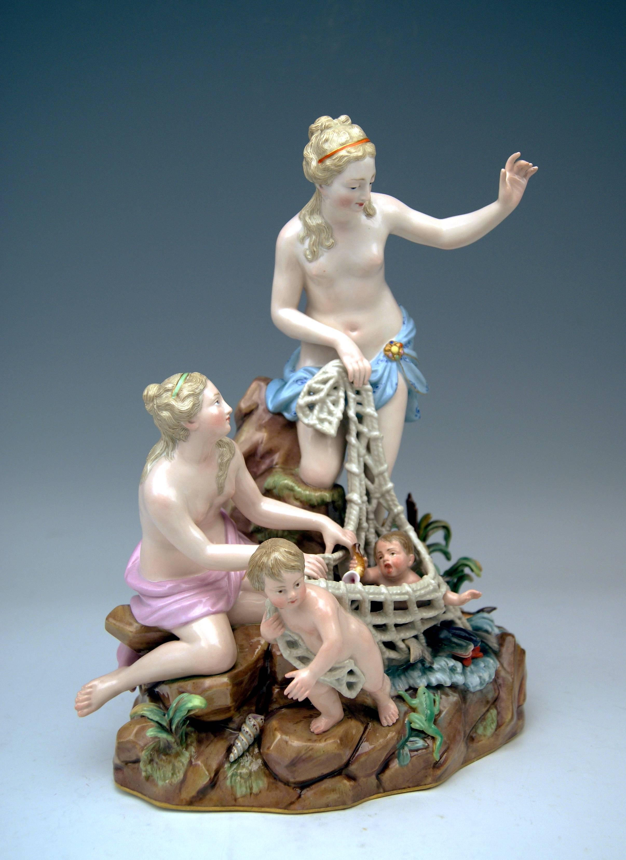 Rococo Meissen Figurines by Kändler Punct Schönheit Catch of Triton Cherubs Women 1860