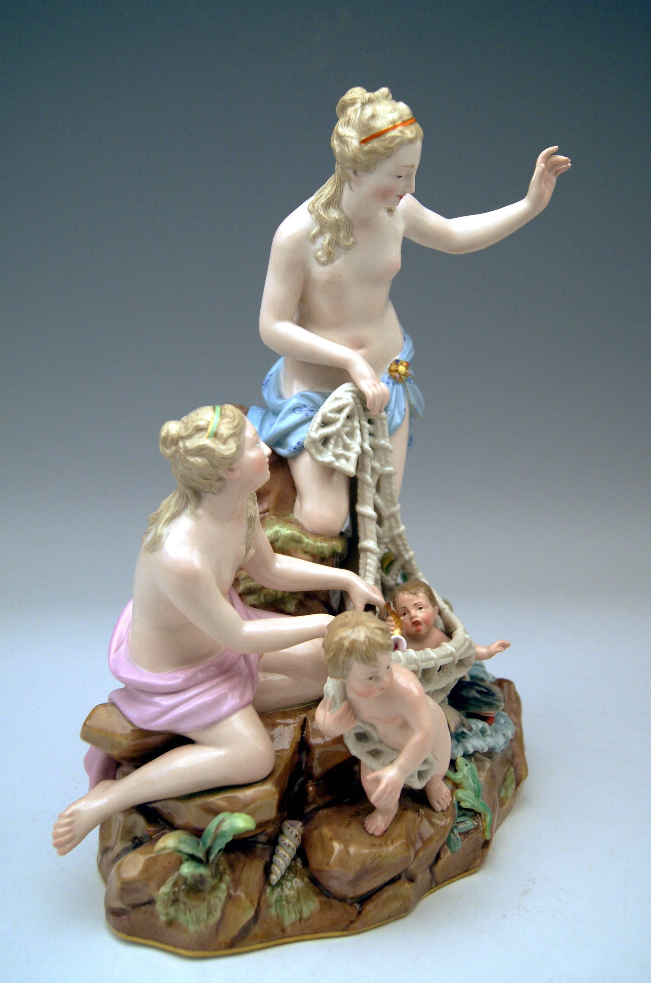 Glazed Meissen Figurines by Kändler Punct Schönheit Catch of Triton Cherubs Women 1860
