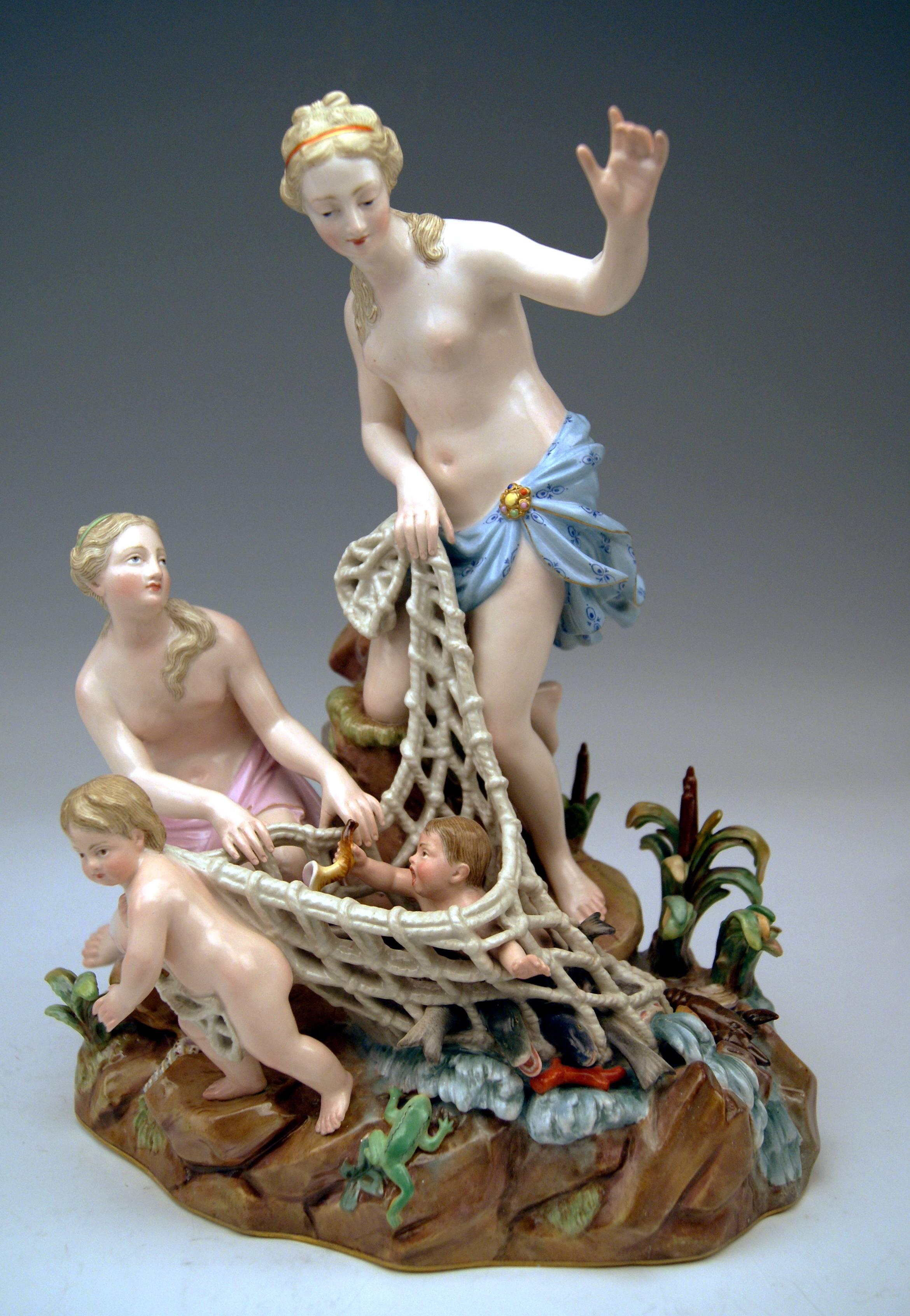 Mid-19th Century Meissen Figurines by Kändler Punct Schönheit Catch of Triton Cherubs Women 1860