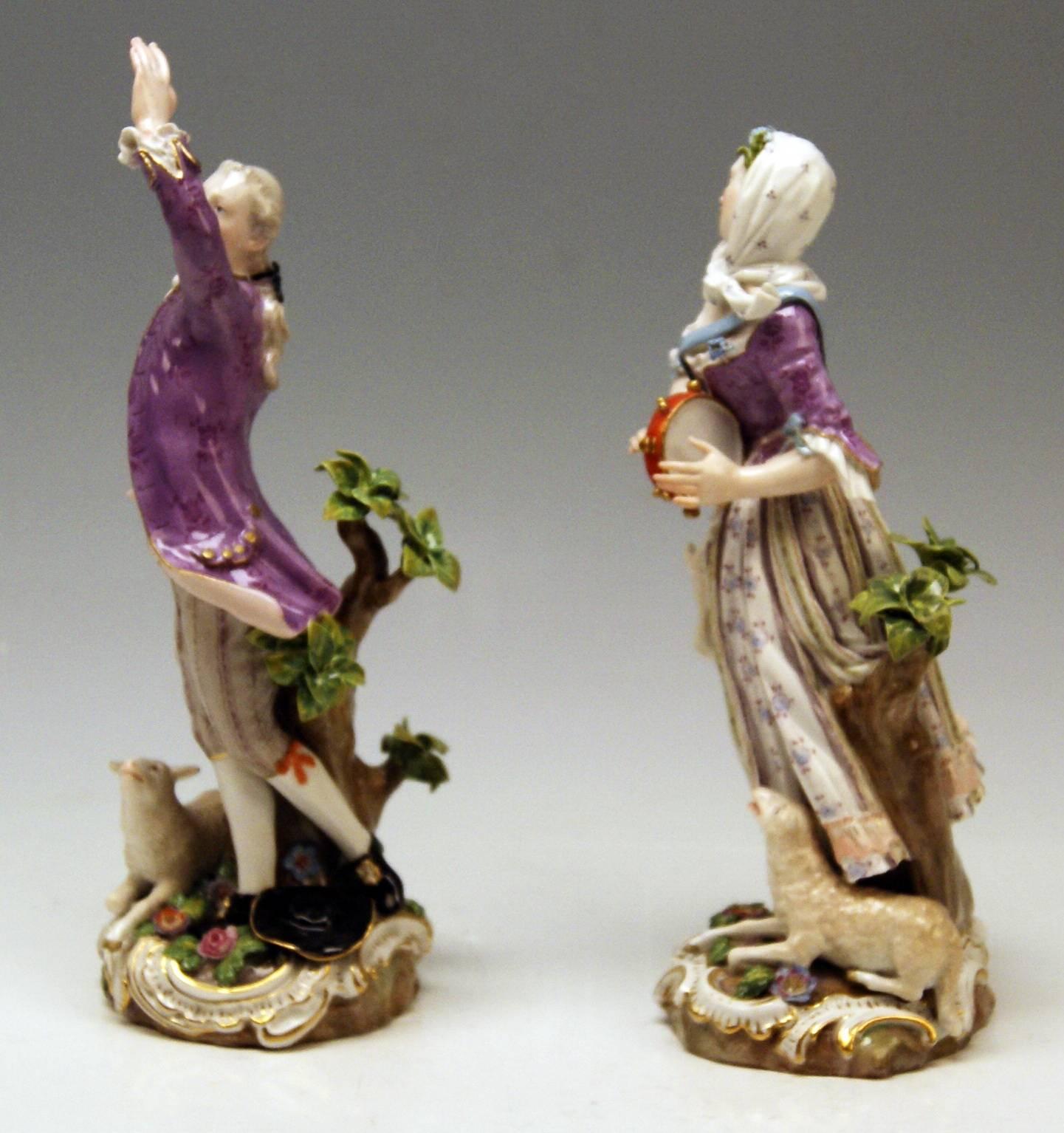 Meissen gorgeous shepherds figurines:
Man and woman with sheep, created by Carl Christoph Punct
 
Manufactory: Meissen
Hallmarked: Blue Meissen Sword Mark (underglazed)
First quality 
Dating: made circa 1860 
Material: porcelain, glossy finish,
