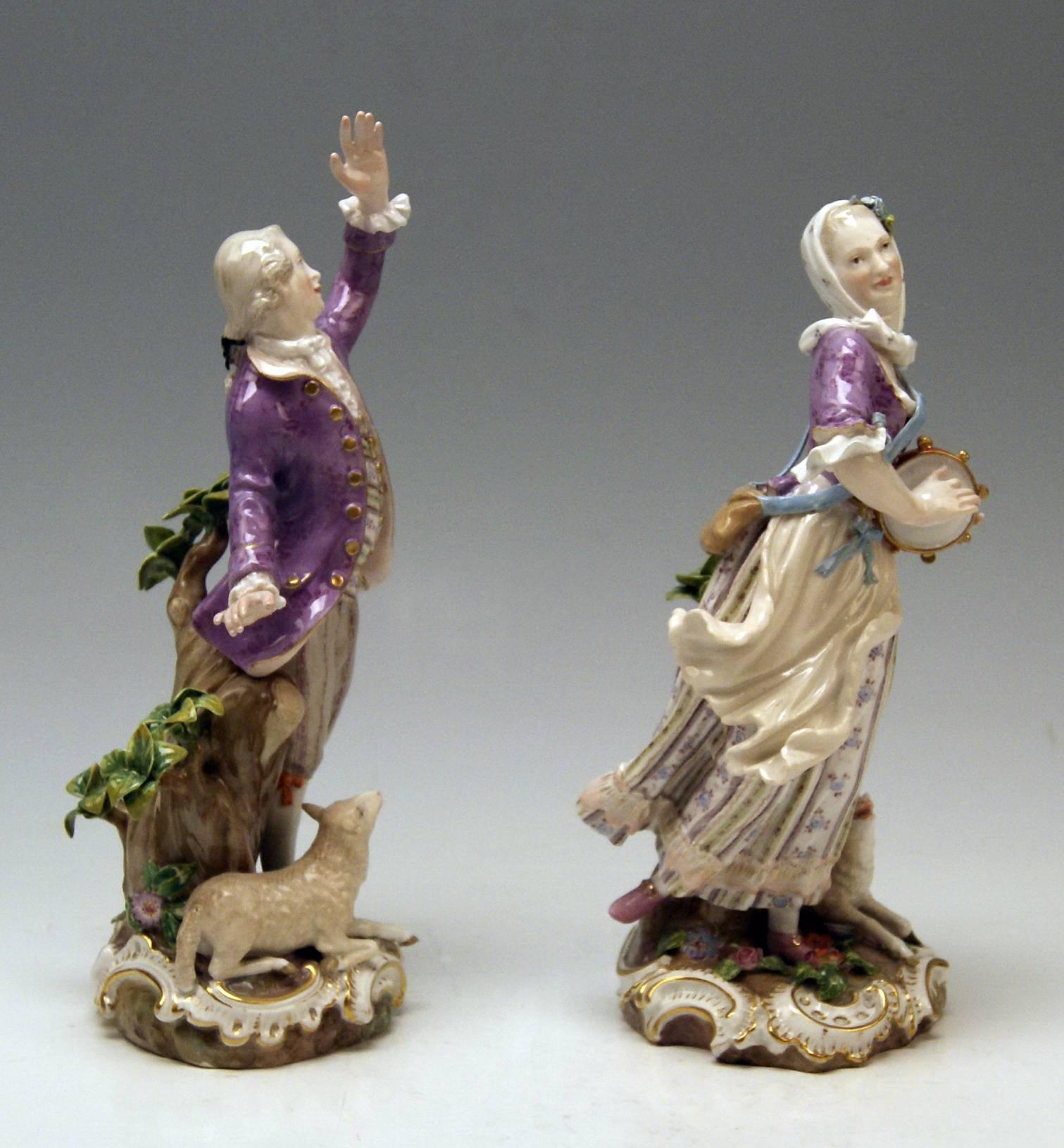 Rococo Meissen Pair of Shepherd Figurines Man and Woman with Sheep C.Punct made c.1860
