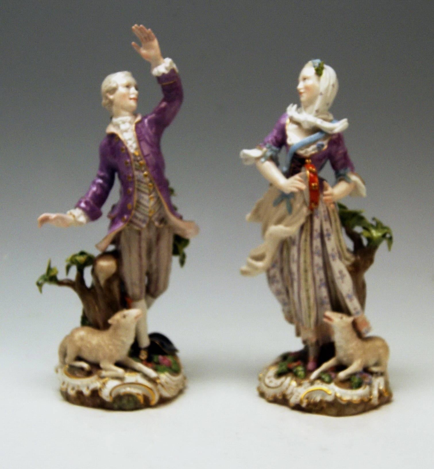 Glazed Meissen Pair of Shepherd Figurines Man and Woman with Sheep C.Punct made c.1860