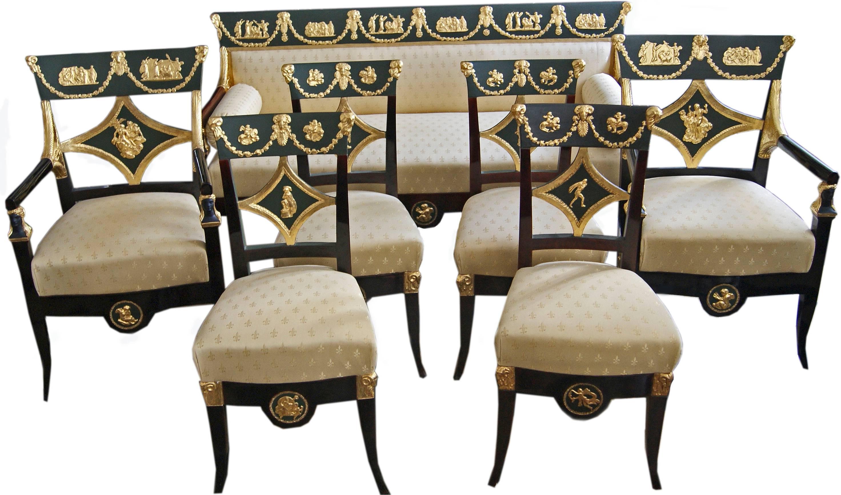 Gorgeous Viennese early Biedermeier Danhauser parlor set, consisting of
° two easy chairs with arms
° four chairs
° a settee
All of them of finest manufacturing quality.

Made by Josef Ulrich Danhauser /Signed (origin / Provenance proved) *
