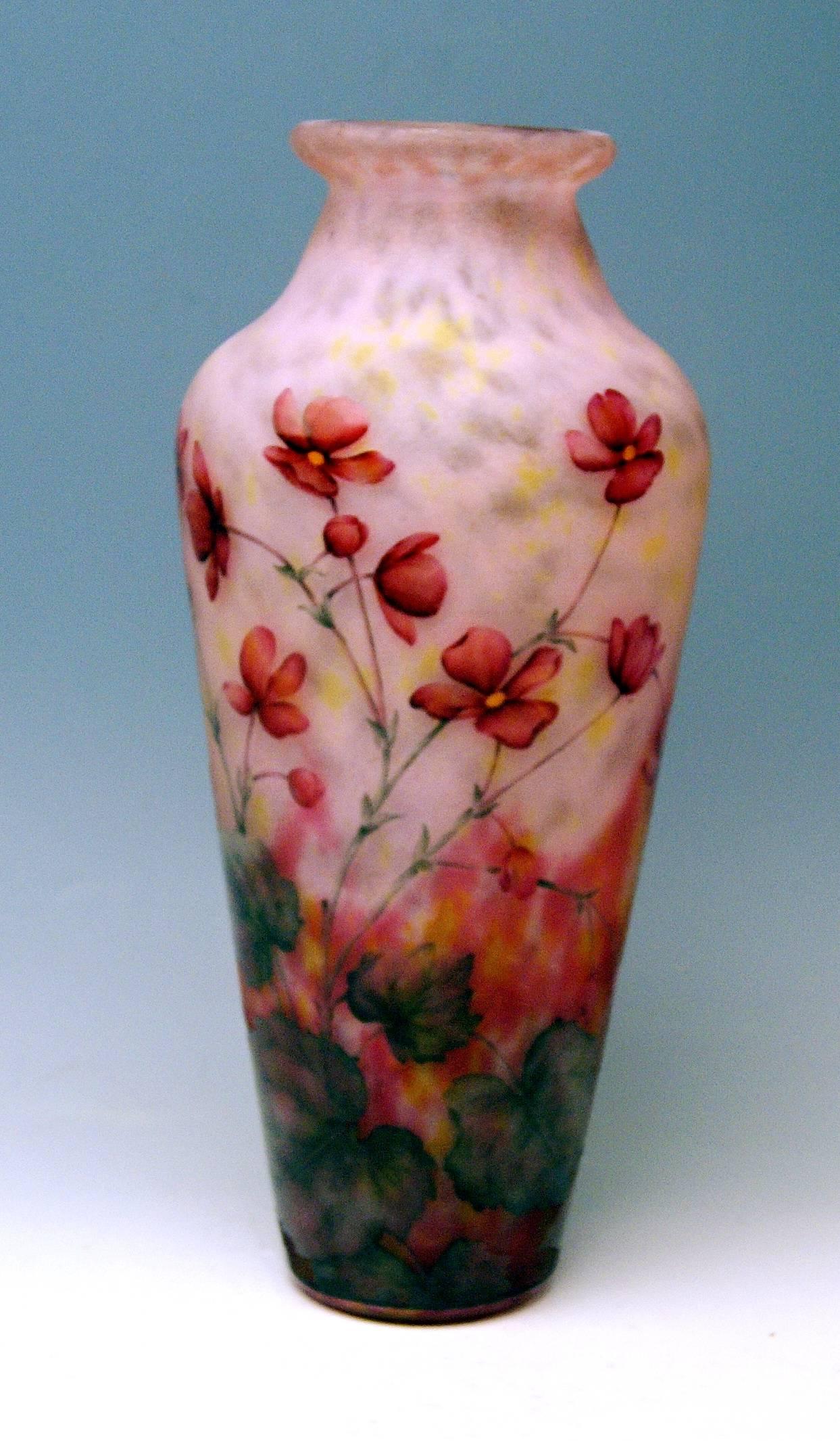 Daum Nancy rare tall vase: It is of so-said 'shouldered form and tapering type'.

Manufactory: 
Daum frères / made in France / Nancy, Lorraine, circa 1910-1915. 

Designer: Daum frères (Auguste and Antonin Daum)

Technique of manufacture: Cameo