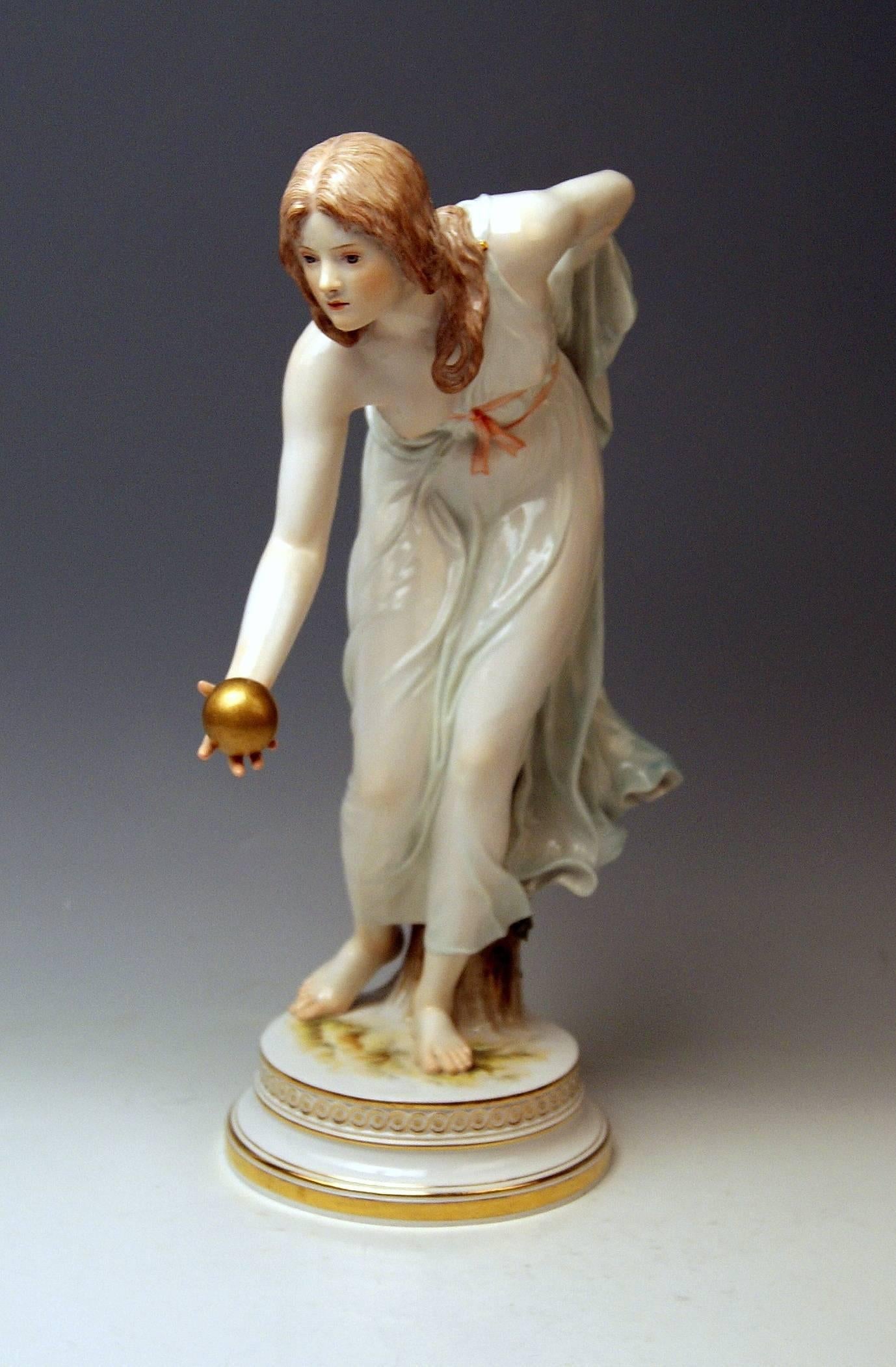 Meissen lovely girl playing bowls
Gorgeous Art Nouveau porcelain figurine / created by Walter Schott in 1898 / quite early manufacturing (made circa 1900)!
First quality

Meissen blue sword mark with pommels on hilts (underglazed)
Model number