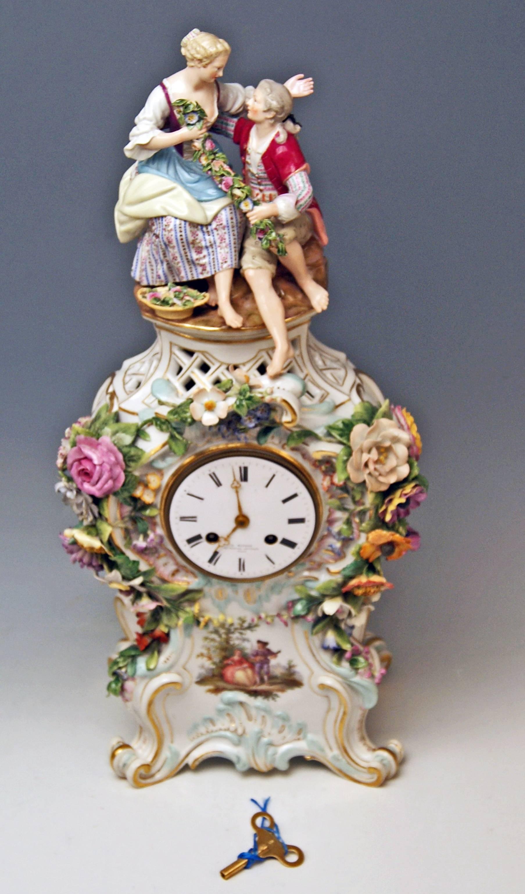 Meissen Gorgeous mantel / table clock abundantly decorated with sculptured figurines and flowers

Manufactory: Meissen
Hallmarked: Blue Meissen Sword Mark (underglazed)
First quality 
Model number 573 / painter's number 2 / former's number 76 /