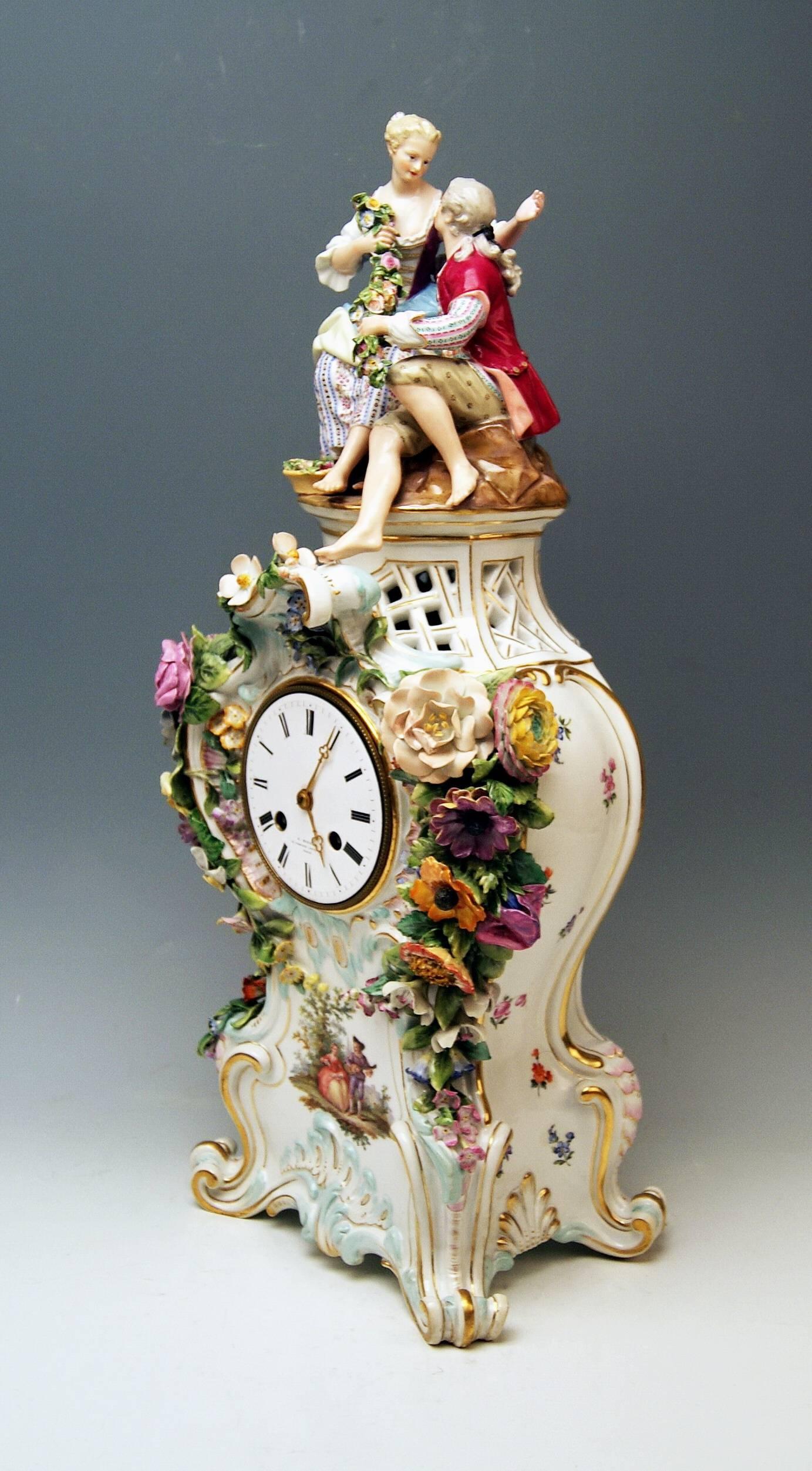 Rococo Meissen Mantle Table Clock Figurines Flowers Enamel Clockface made circa 1860