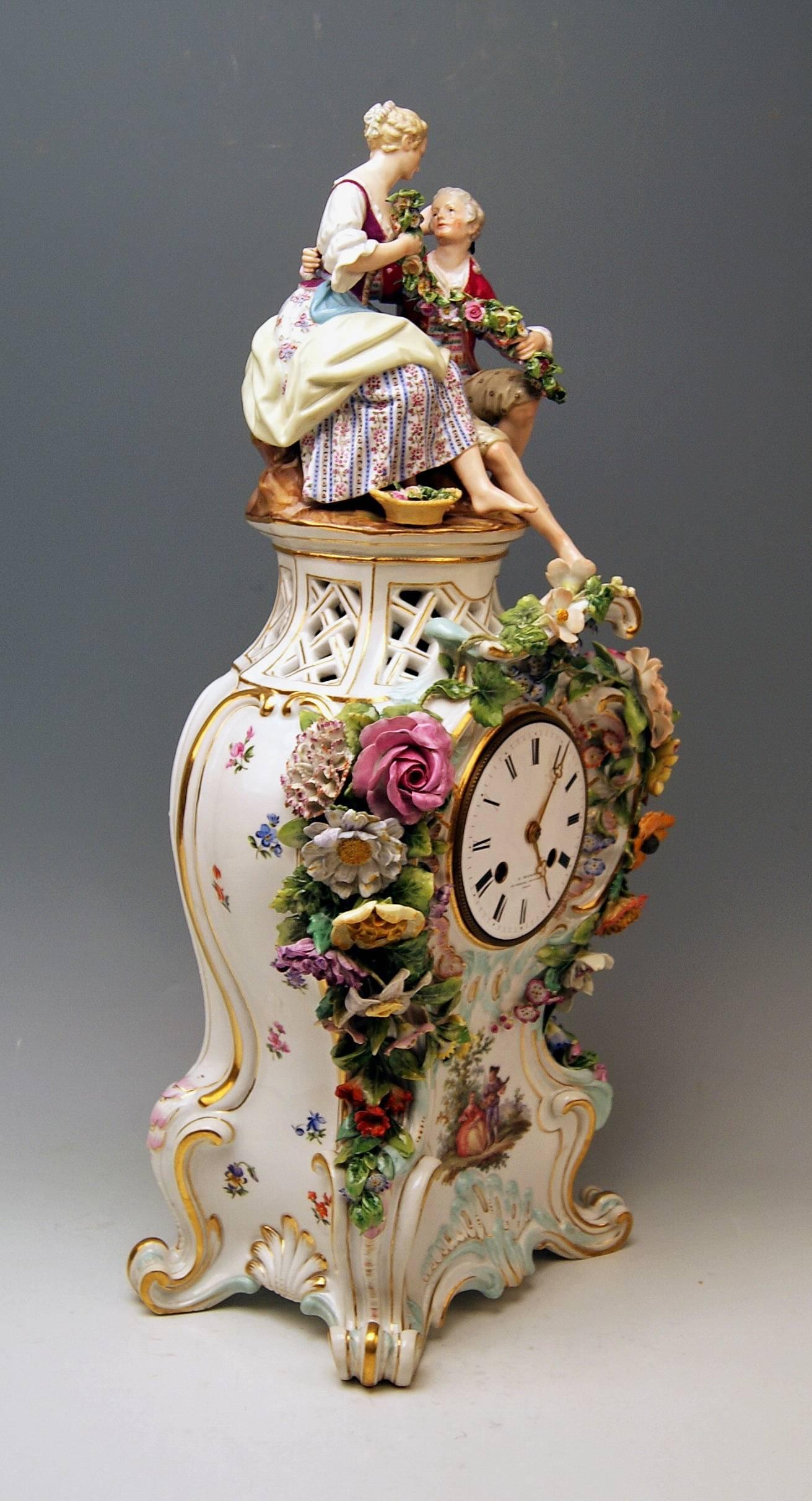 German Meissen Mantle Table Clock Figurines Flowers Enamel Clockface made circa 1860