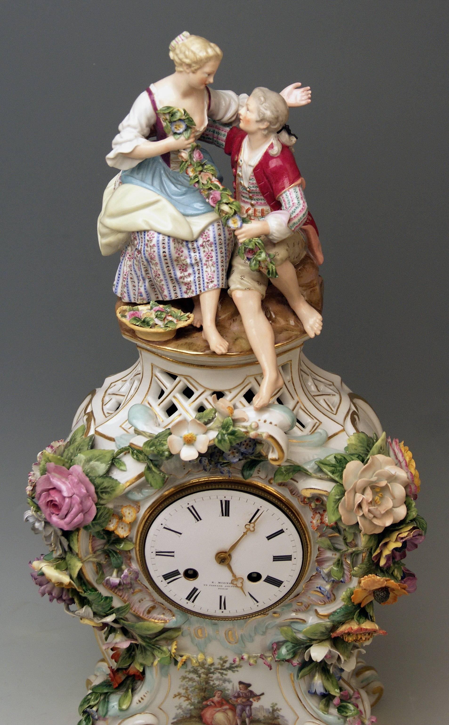 Glazed Meissen Mantle Table Clock Figurines Flowers Enamel Clockface made circa 1860