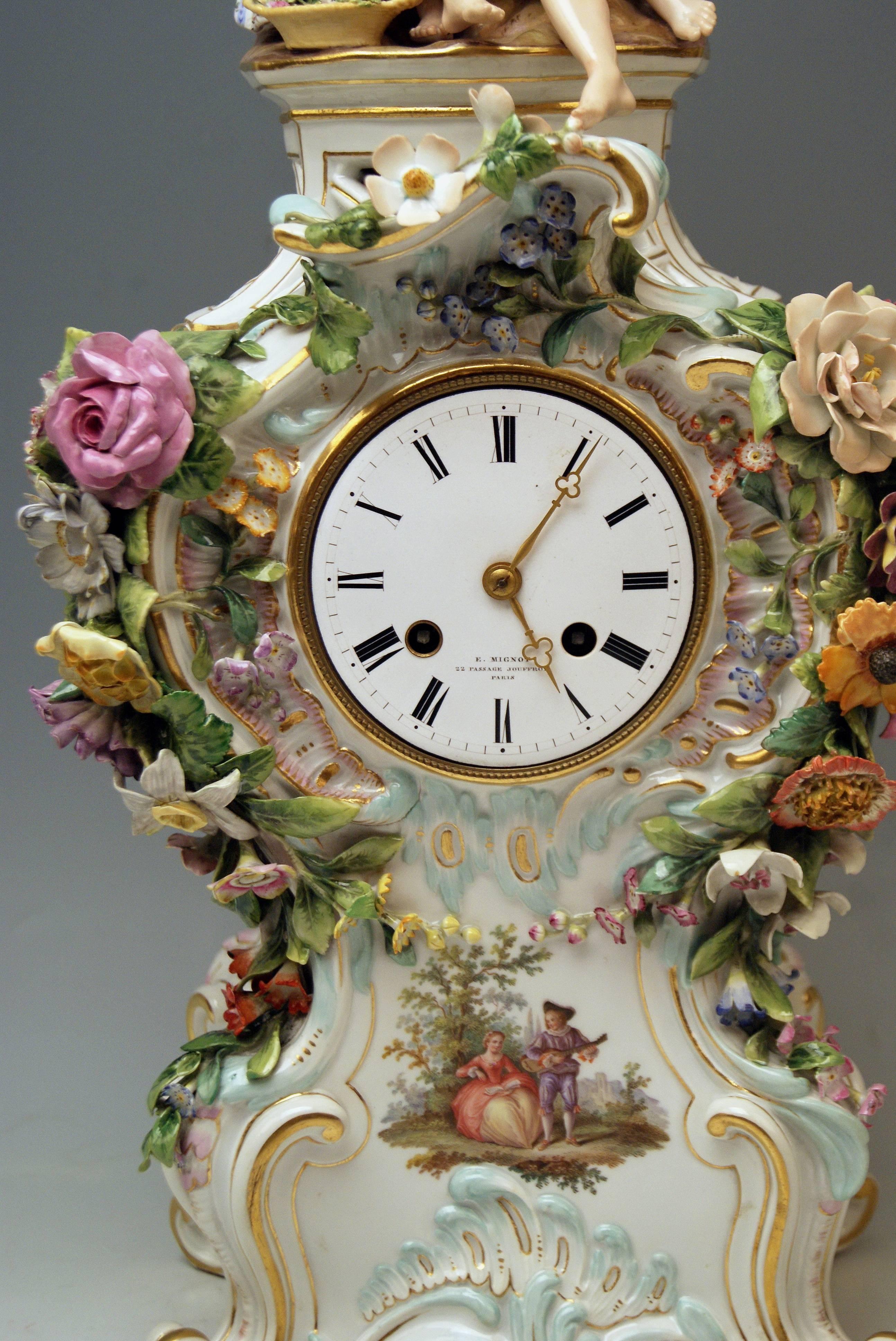 Meissen Mantle Table Clock Figurines Flowers Enamel Clockface made circa 1860 In Excellent Condition In Vienna, AT