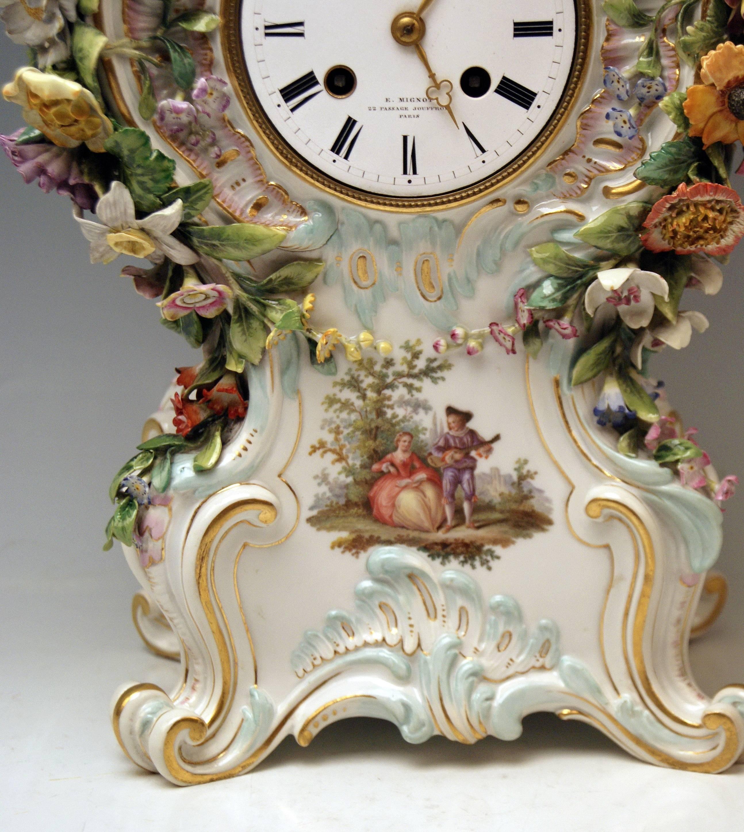 Mid-19th Century Meissen Mantle Table Clock Figurines Flowers Enamel Clockface made circa 1860