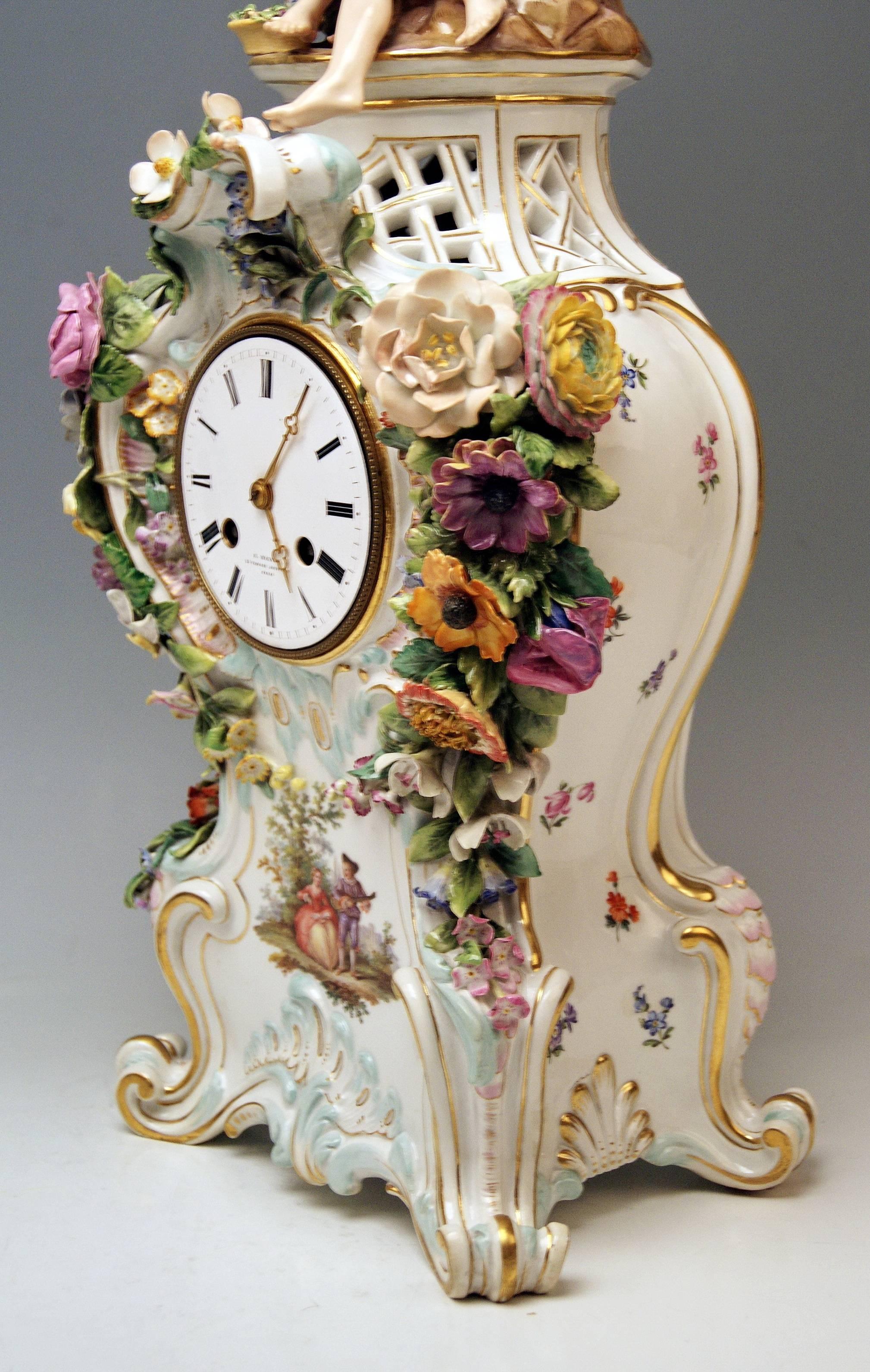 Porcelain Meissen Mantle Table Clock Figurines Flowers Enamel Clockface made circa 1860