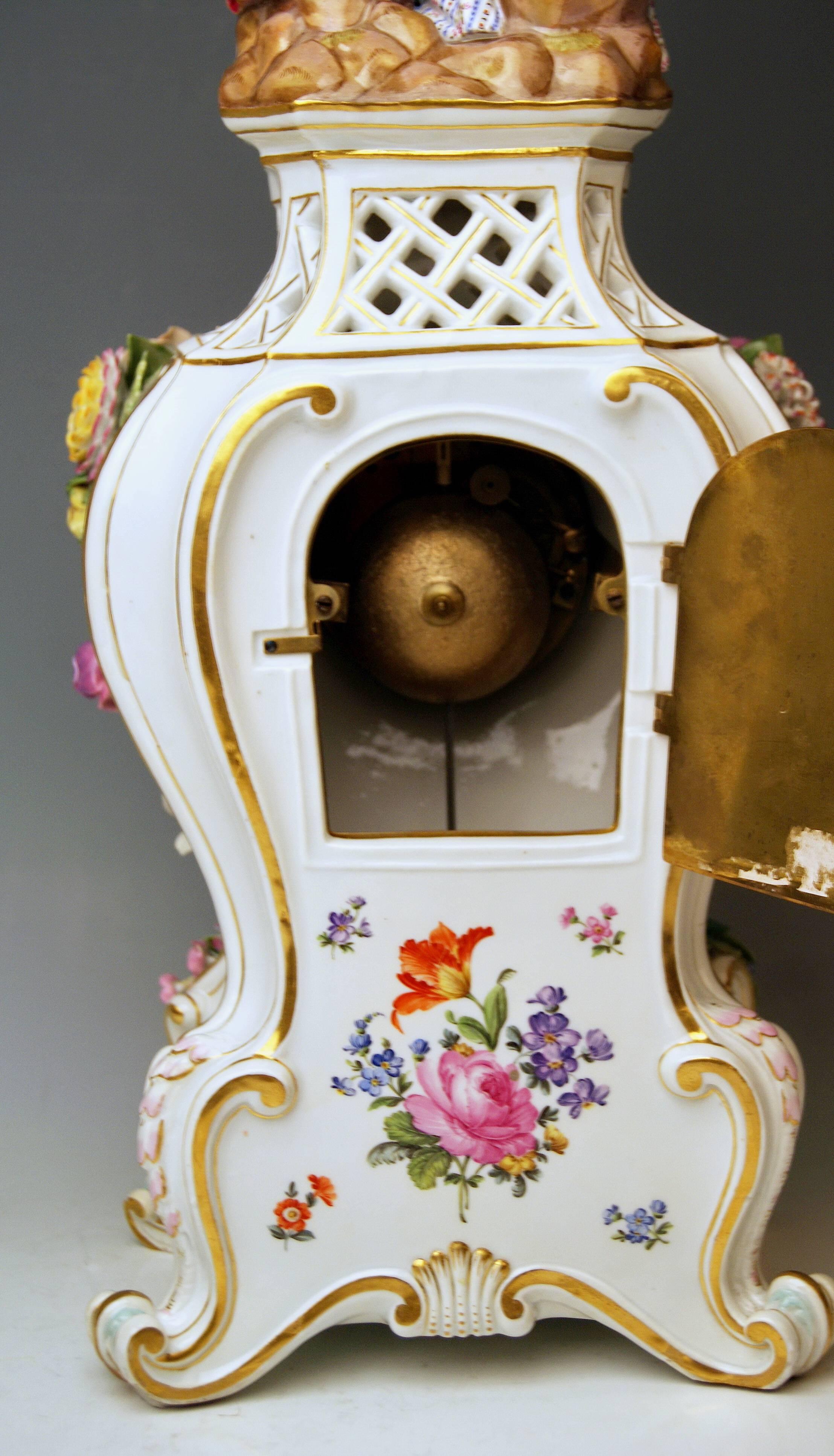 Meissen Mantle Table Clock Figurines Flowers Enamel Clockface made circa 1860 1