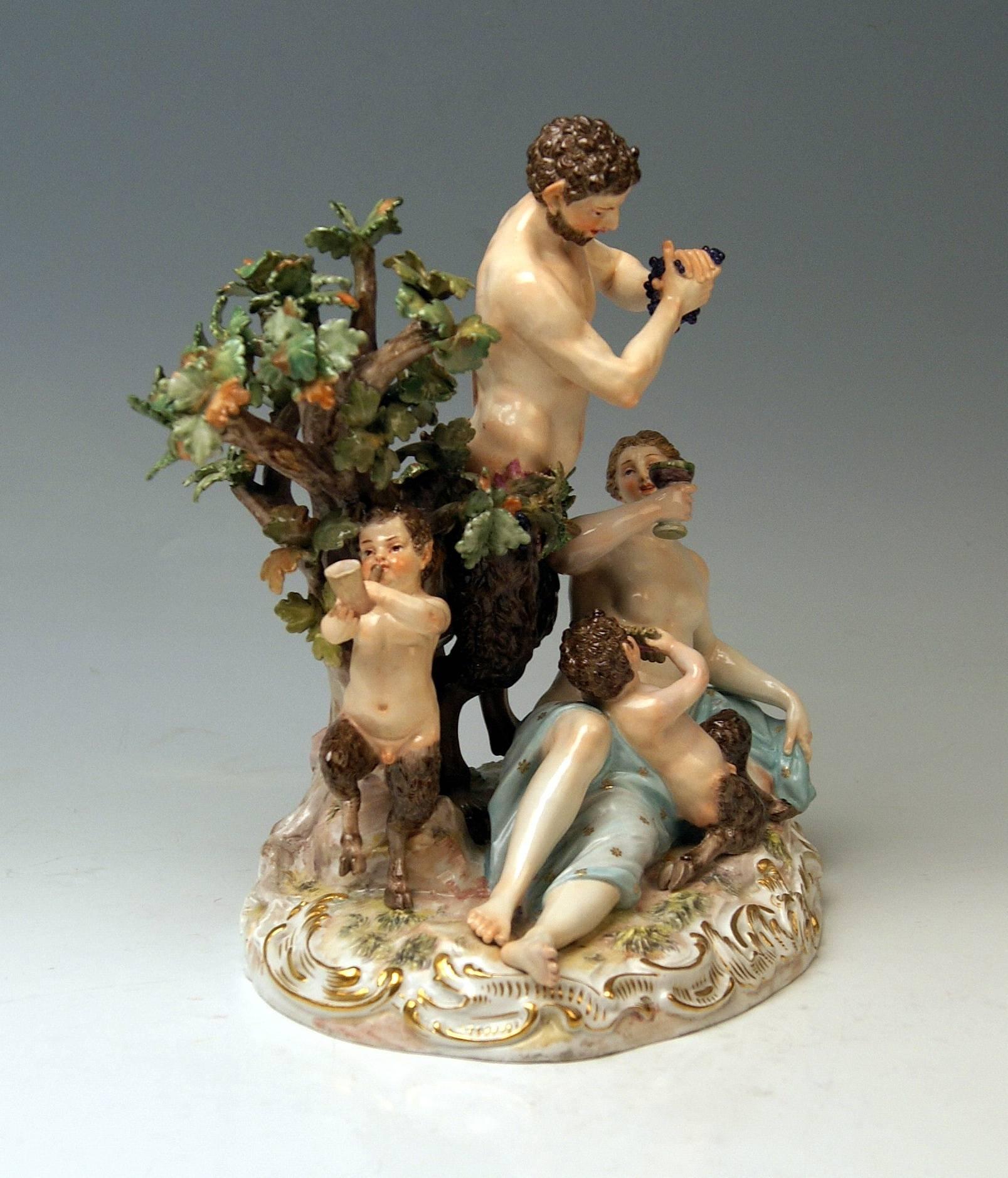 Meissen gorgeous figurine group:
Bacchanal with faun, model created by Michel Victor Acier (1770).
 
Manufactory: Meissen.
Hallmarked: Blue Meissen Sword Mark (underglazed).
Modeled By: Michel Victor Acier / circa 1770.
First quality.
Dating: