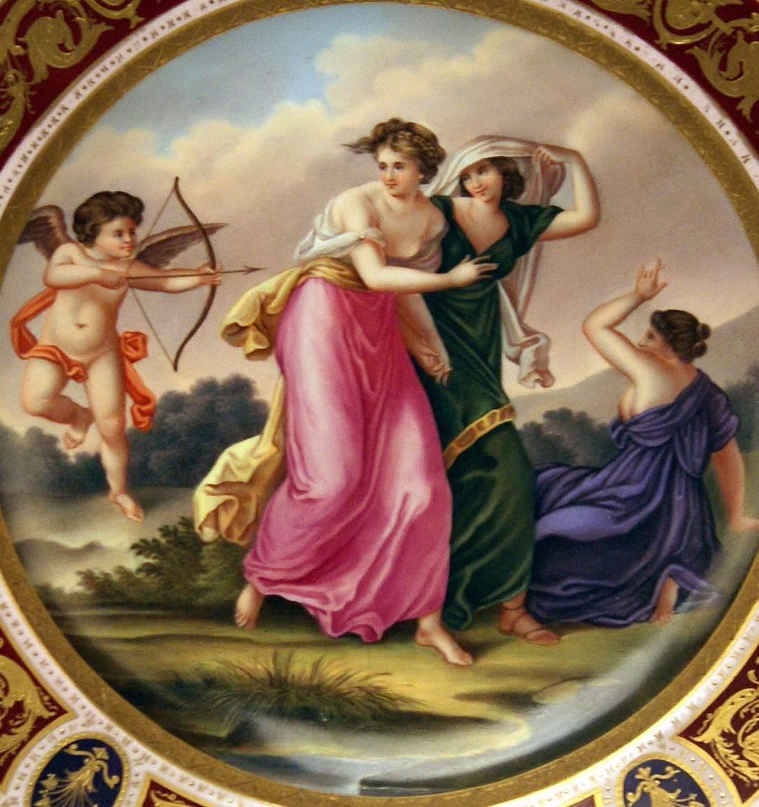 Gorgeous multicolored Picture Plate of Viennese Imperial Porcelain Manufactory.
Stunning quality / the edged areas are decorated with finest patterns, made in following manner: Rose red shaded background is decorated with finest golden painted