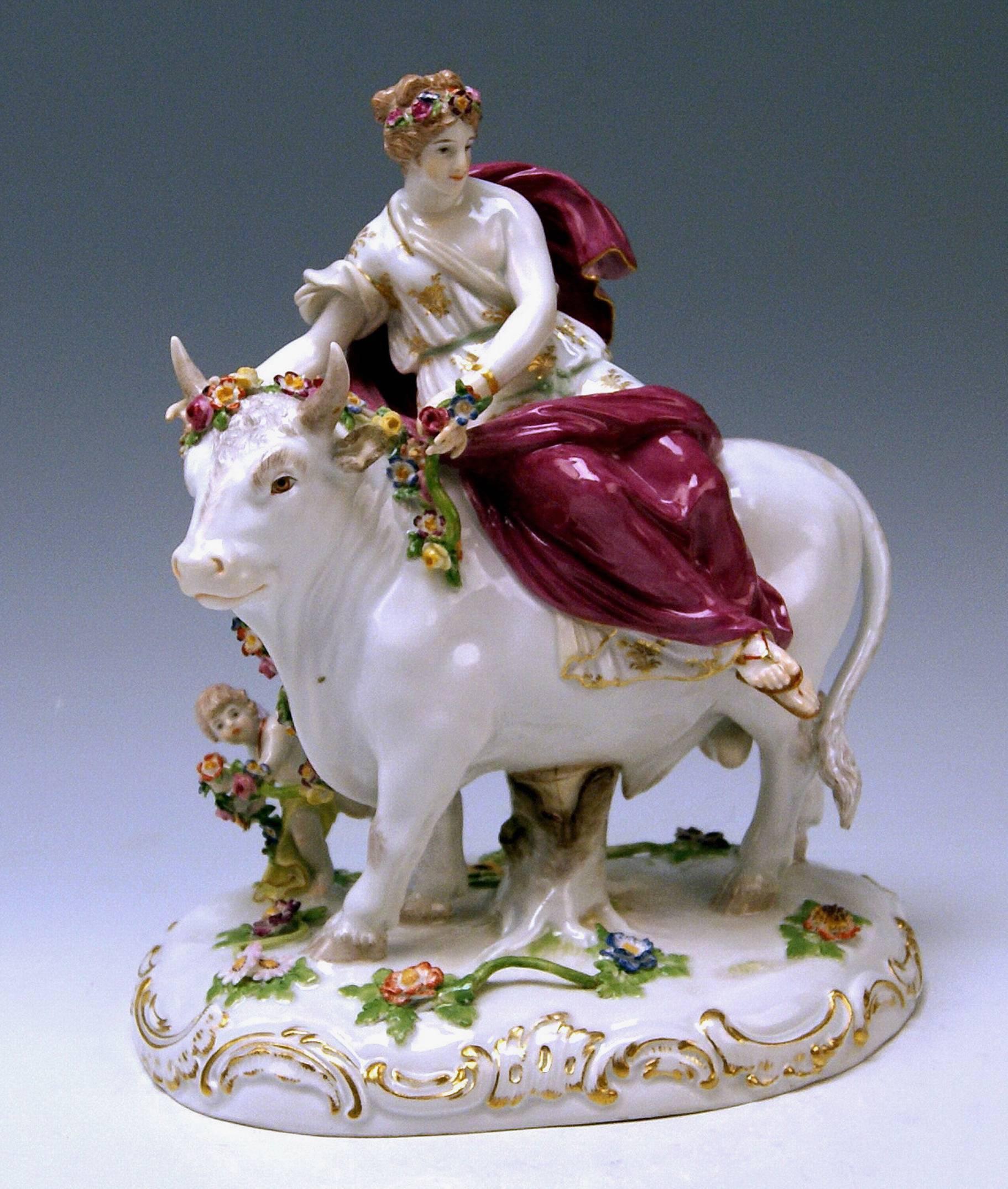 Meissen gorgeous figurine group:
'Europe riding on white bull / Rape of Europe'

manufactured, circa 1880.

Modelled by:
Christian Gottfried Juechtzer (1752 - 1812) / model K 70 created, cicra 1793
Bibliography:
Sabine and Thomas Bergmann,
