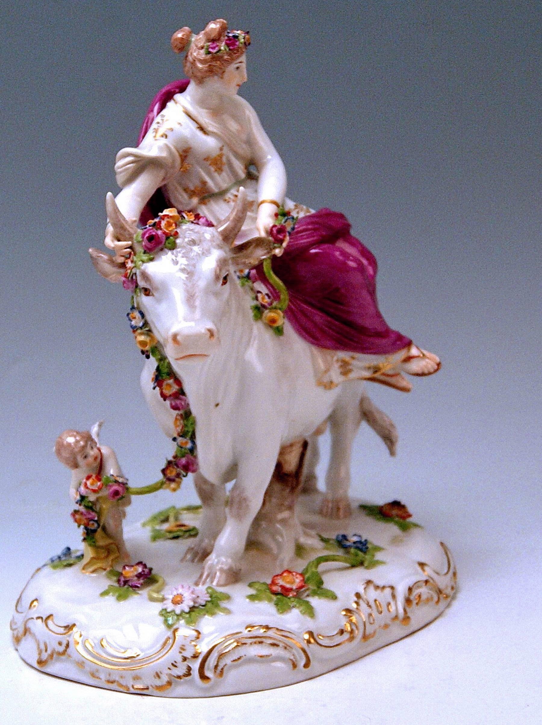Neoclassical Meissen Figurines Europe Riding on White Bull by G. Juechtzer made circa 1880