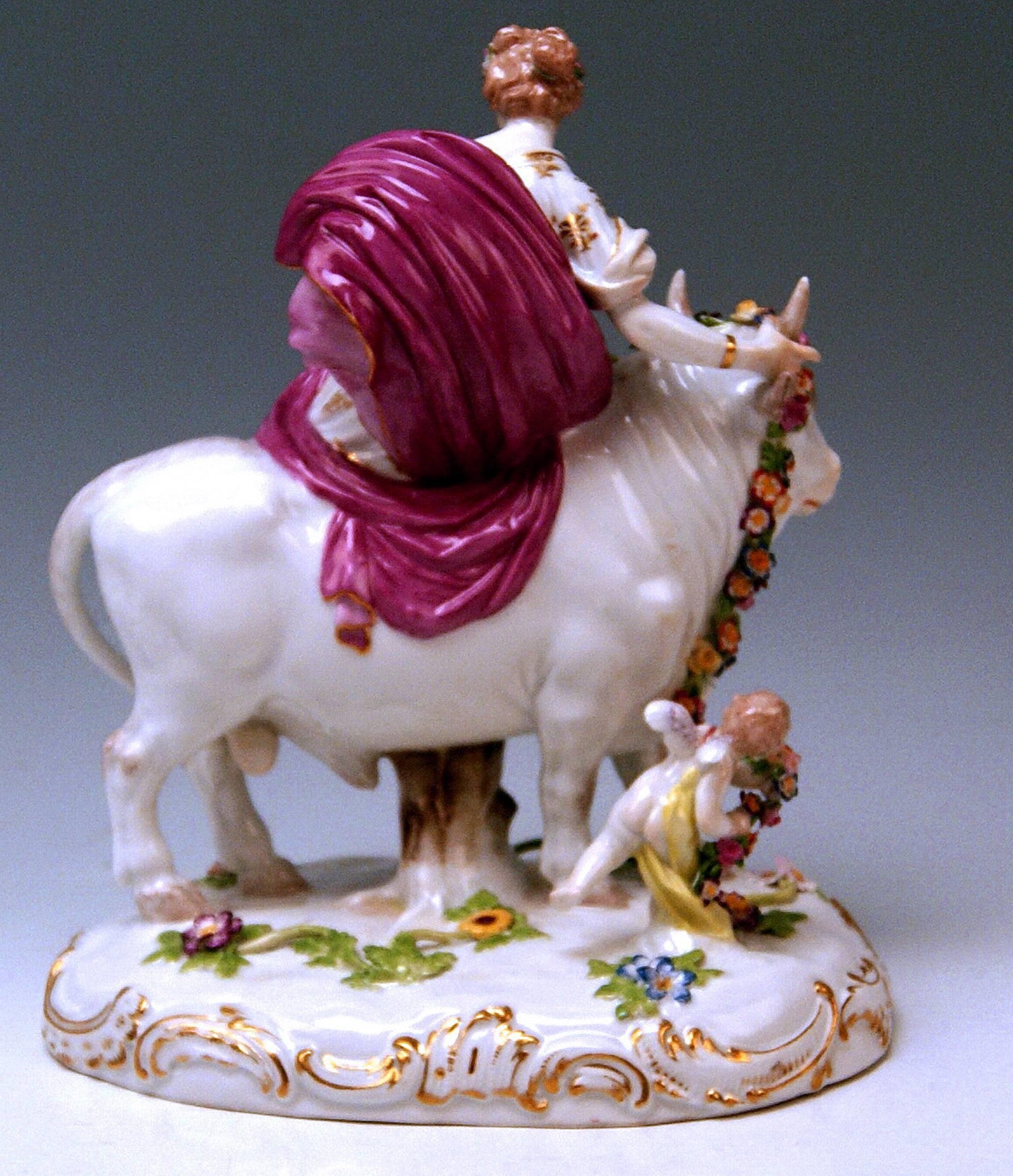 Glazed Meissen Figurines Europe Riding on White Bull by G. Juechtzer made circa 1880