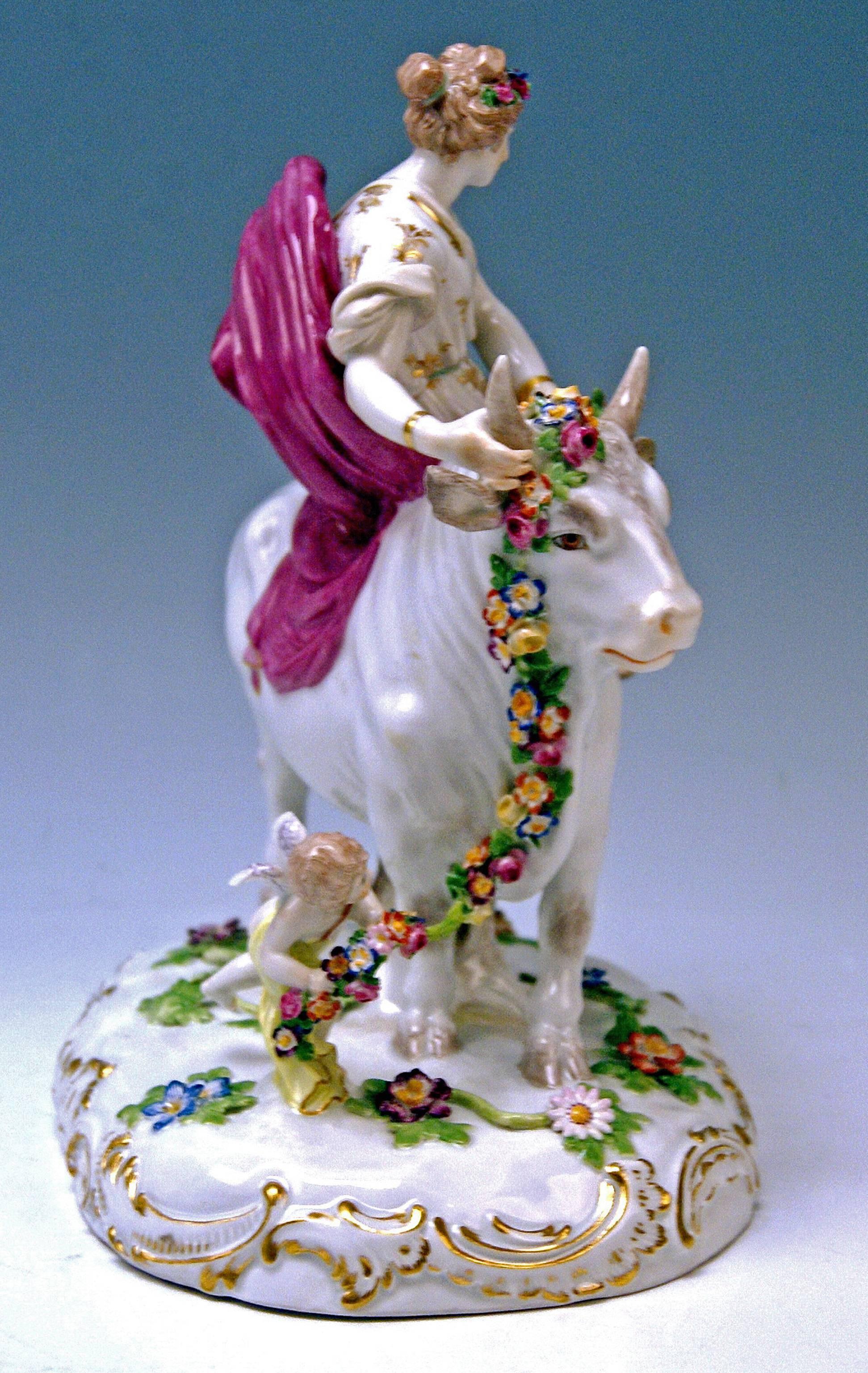 Porcelain Meissen Figurines Europe Riding on White Bull by G. Juechtzer made circa 1880