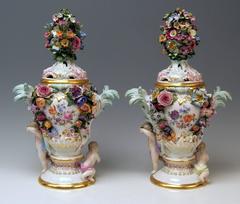 Meissen Pair of Kaendler Potpourri Lidded Vases Decorations, circa 1850