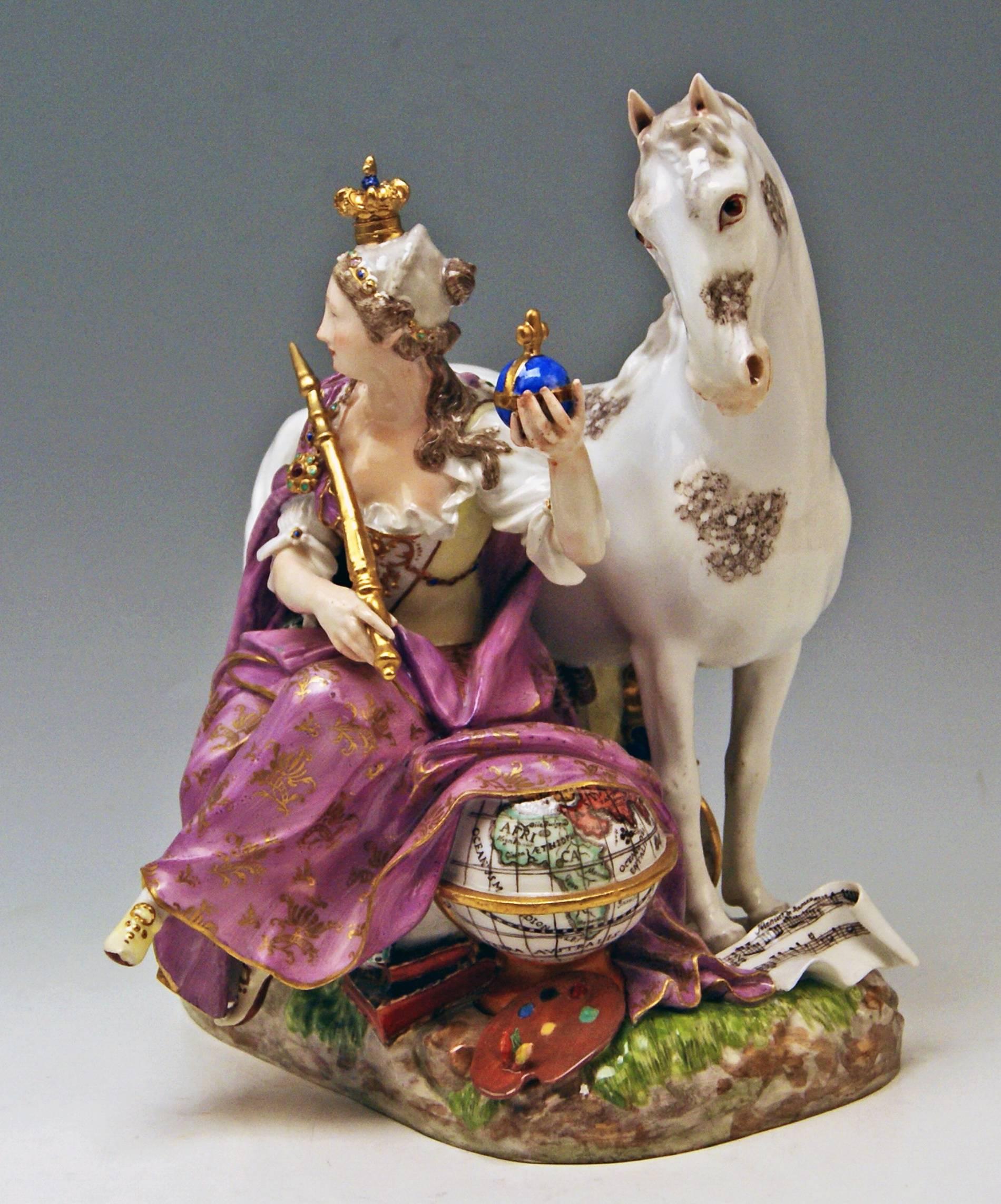 Meissen most remarkable figurine group: 
Allegory of Europe/ model deriving from a series once made for Russian Czarina Elizabeth Petrowna (1709-1762)

Measures/dimensions:
Height: 26.0 cm (= 10.23 inches) 
Width: 28.0 cm (= 11.02 inches) 
Depth: