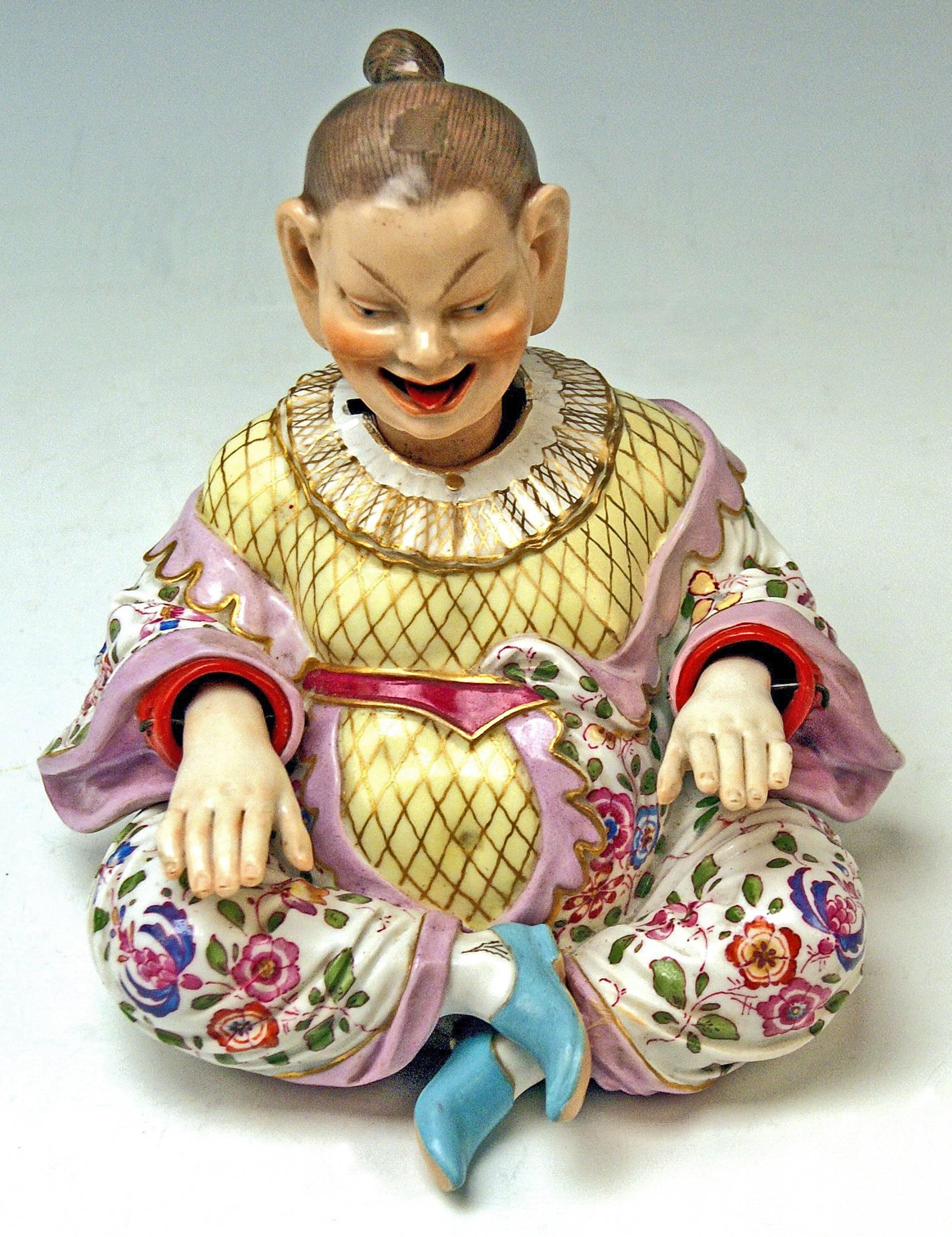 Meissen most remarkable figurine: Buddha
Attention: The Buddha figurine has movable hands, head and tongue.

Measures / dimensions:
height: 5.70 inches / 14.5 cm 
width: 5.90 inches / 15.0 cm 
depth: 5.90 inches / 15.0 cm 

Manufactory: