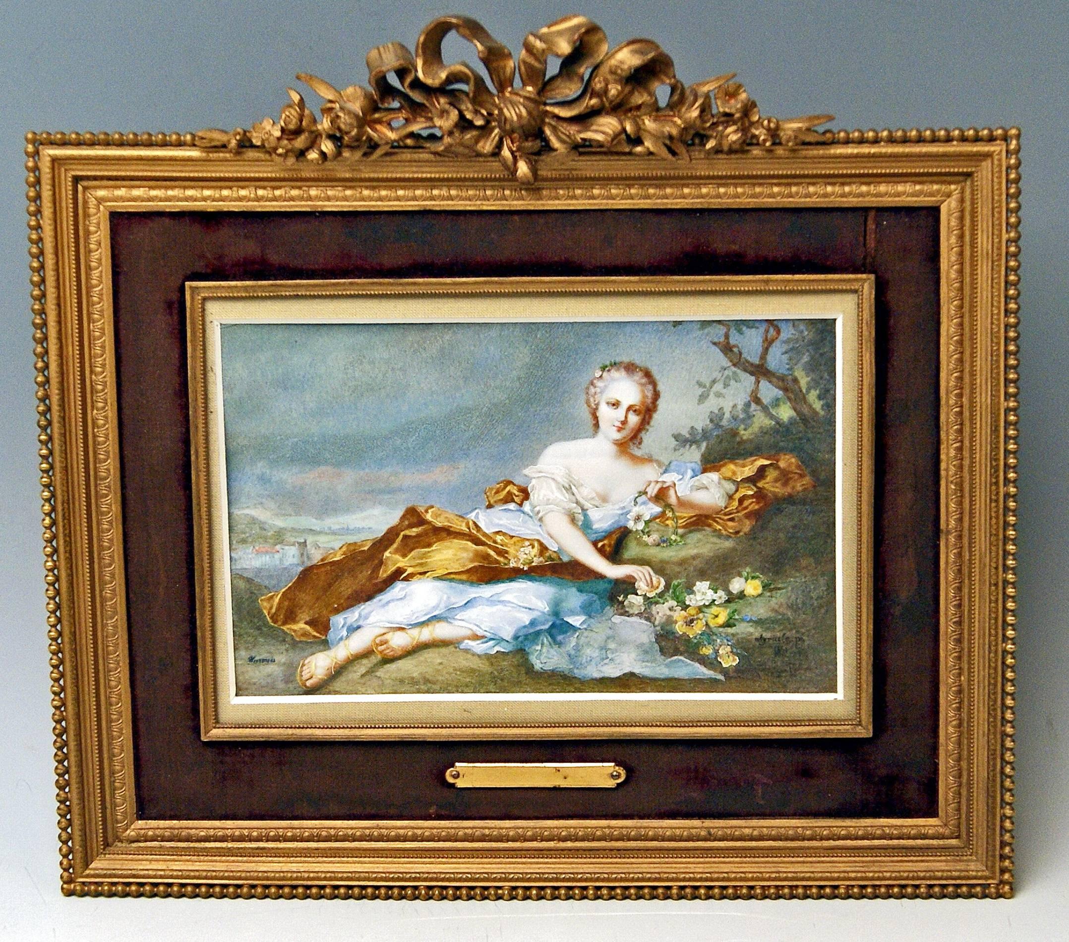 Very fine hand-painted Biedermeier Portrait of a lovely young lady situated in romantic landscape.
Ivory plate, painted in mixed technique.
Nice brass frame topped by sculptured loops / additionally, the picture is covered with yellow-golden