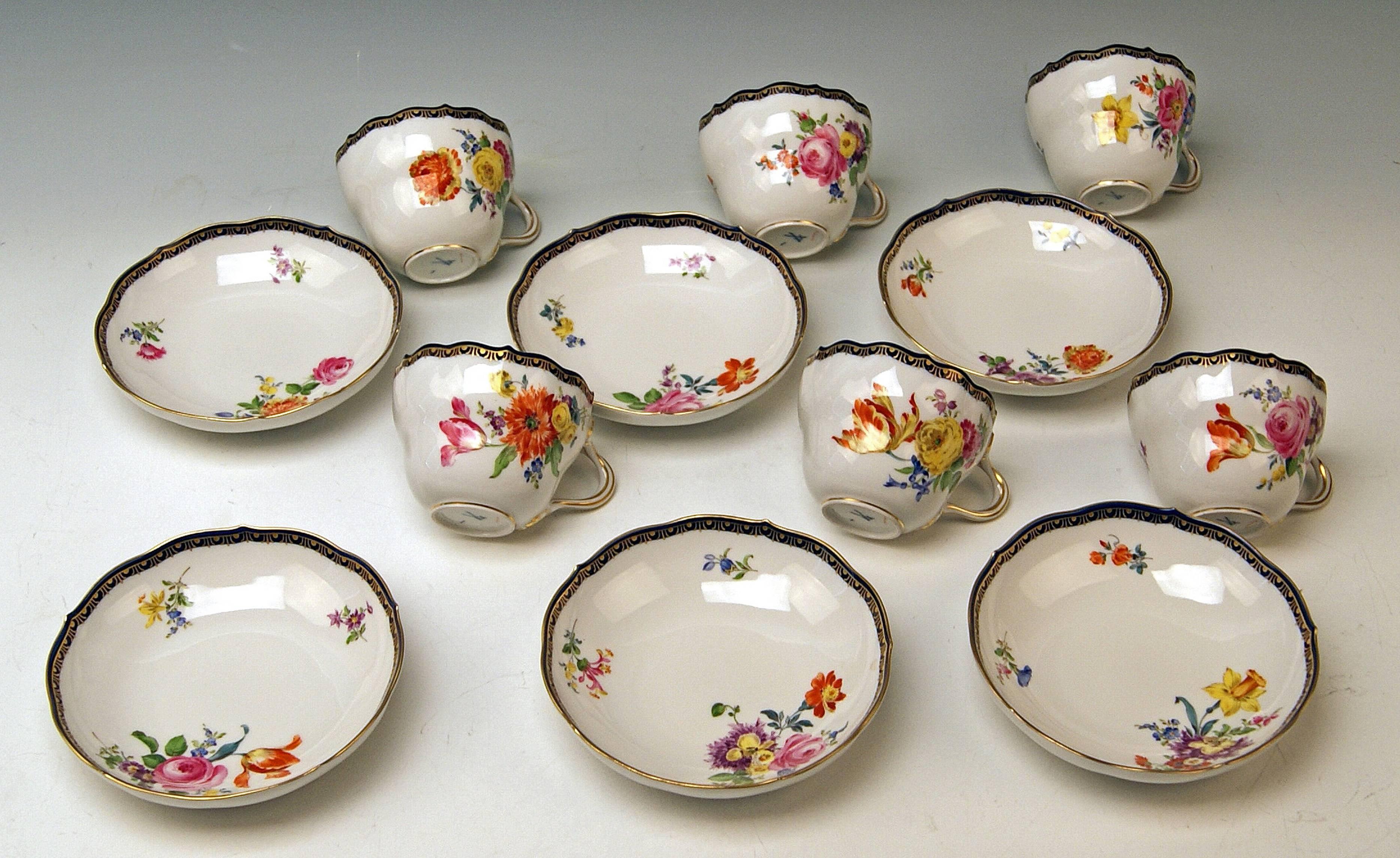 Porcelain Meissen Coffee Set Decor Flower Bouquet Nr.111120 Six Persons, 20th Century